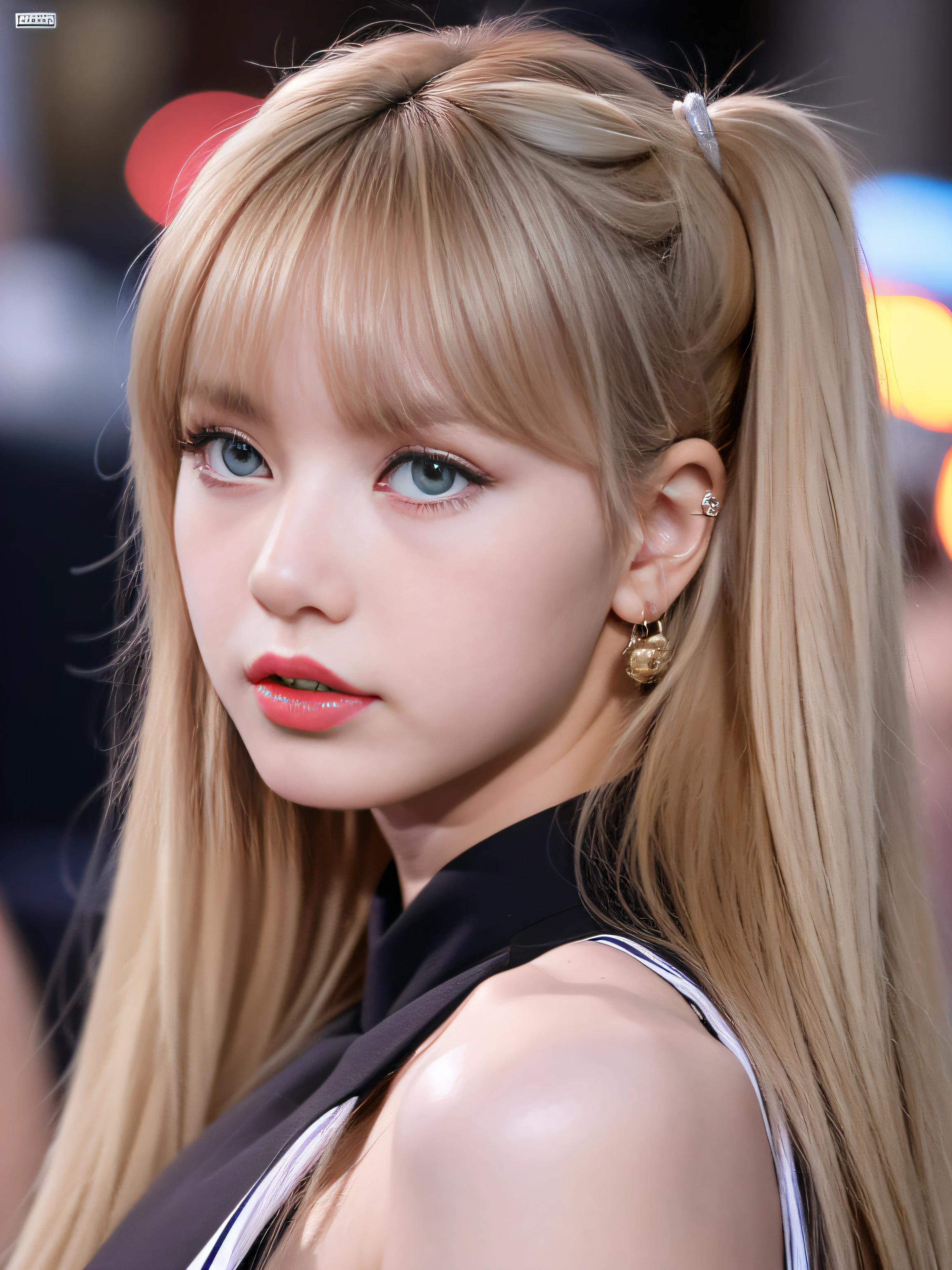 (8K, 4K, best quality, hight resolution, ultra-high resolution:1.1), (Meisterwerk, realistisch, fotorealistisch:1.1), 1girls, Gesicht, nahaufnahme, twintails, blondes Haar, Schwarze Augen, Rote Lippen, (Blick ins Publikum: 2), Wear a trendy football jersey, nackte Taille, Football shorts, ridiculously long hair, lange Wimpern, Lidschatten, kleines Gesicht, 大眼睛, nackte Schultern, Hoher Kontrast,