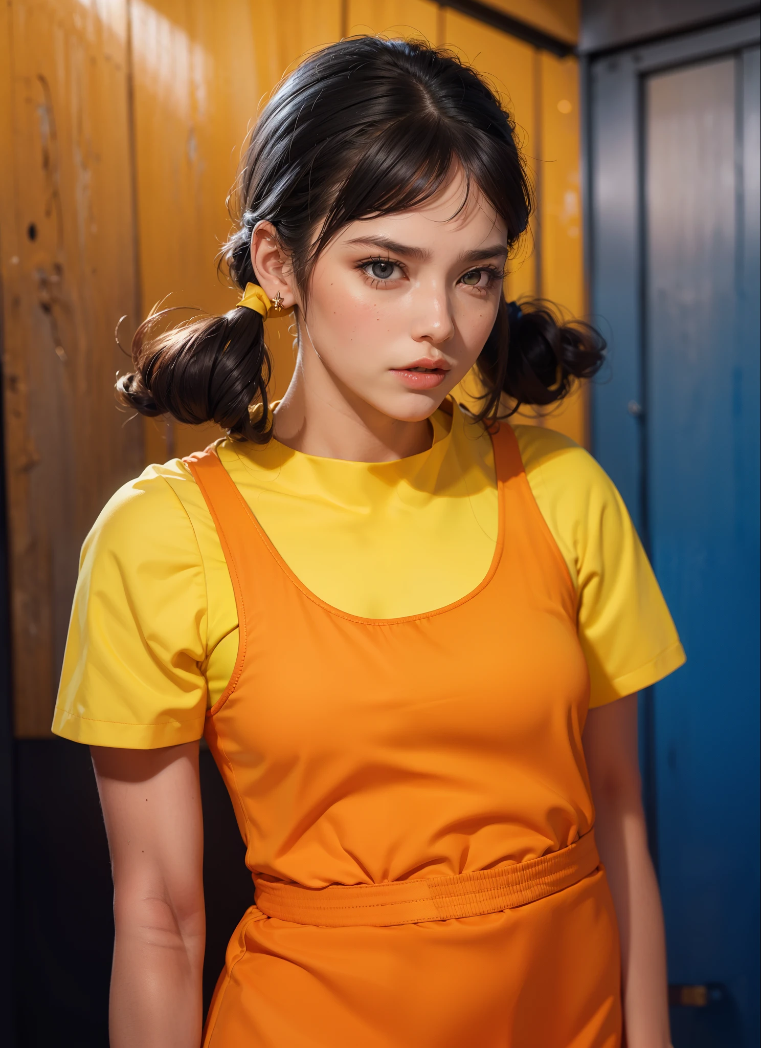 (a woman with ponytails, cute girl with pigtails, realistic, orange dress, yellow shirt, tank suit, rim light, 4k) dark background, angry girl, glossy beautiful hair. Her facial expression radiates anger. Her eyes, delicate and detailed, sparkle with excitement. Her lips, beautifully shaped, add a touch of sweetness to her overall appearance. The image of the highest quality, ensuring every detail showcased perfectly. It in 4k resolution, allowing viewers to immerse themselves in the richness of the colors and intricate details. The background dark, creating a contrasting backdrop that accentuates the girl's vibrant presence. The subtle rim light highlights the contours of her figure, adding depth and dimension to the composition. This artwork combines the elements of a glossy costume, beautiful hair, red door, high-resolution image, realistic rendering, dark background, and rim light