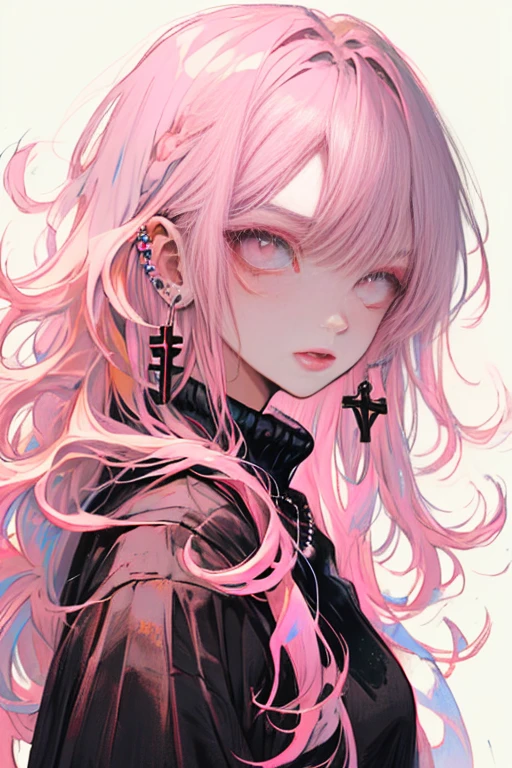 Rainbow, 1girl in, Solo, Long hair, Looking at Viewer, blue eyes background, White background, Jewelry, Closed mouth, Jacket, Upper body, Pink hair, earrings, Pink eyes, Necklace, From Side, Sweaters, Lips, Eyelashes, makeup, Wavy Hair, Piercing, Cross, lip stick, ear piercings, eyeshadows, hoop earrings, Pink lips, multicolored eyes, Pink Theme, , Pink Eyeshadow,
