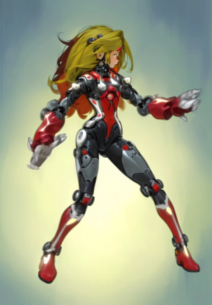 Robot girl, humanoid, red tight suit, yellow hair