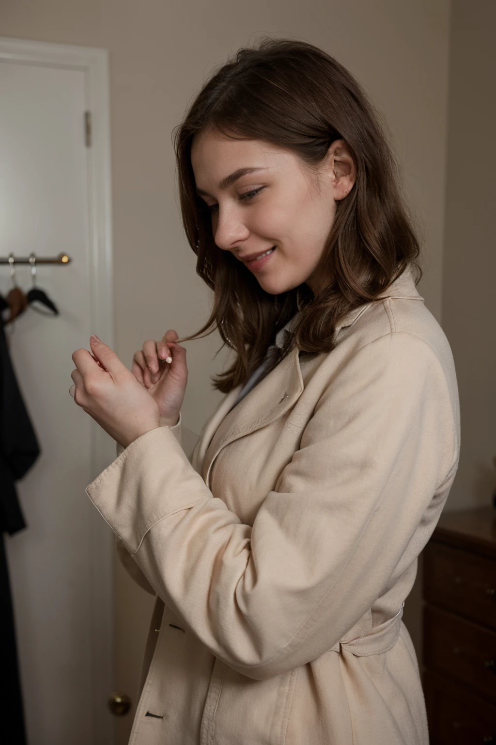 A profile photo of Young Russian woman in coat fixing her hair with gently smile