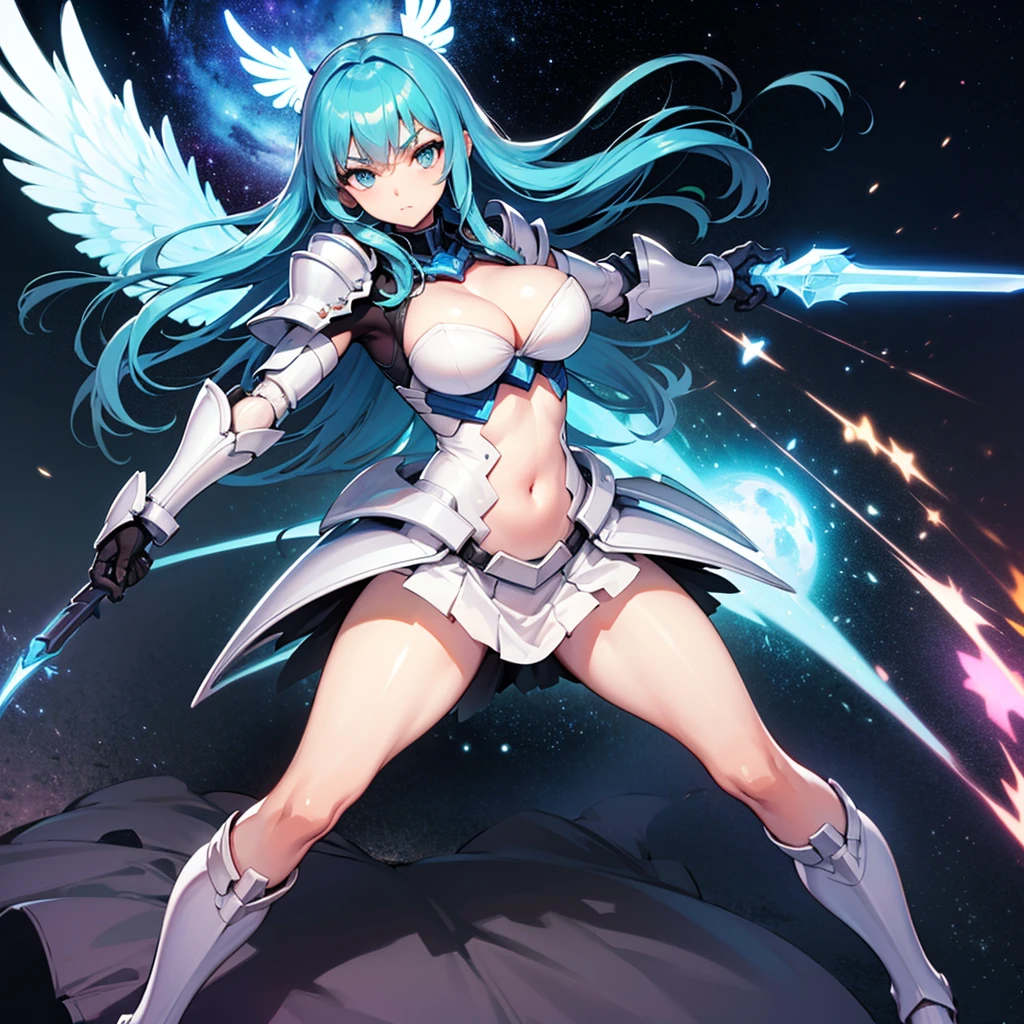 ((masterpiece:1.2)), ((highest quality)), detailed metal texture, perfect anatomy,1girl, (Solo:1.5), blue hair, (Mecha girl),  (large wing:1.4)), white outfit, sapphire blue armor dress,((shiny armor, High-gloss armor)), many parts, cleavage, navel, thighs, menacing,(holding weapon), (Combat pose), (action pose:1.3), universe, nebula, aurora, vivid color, hight contrast