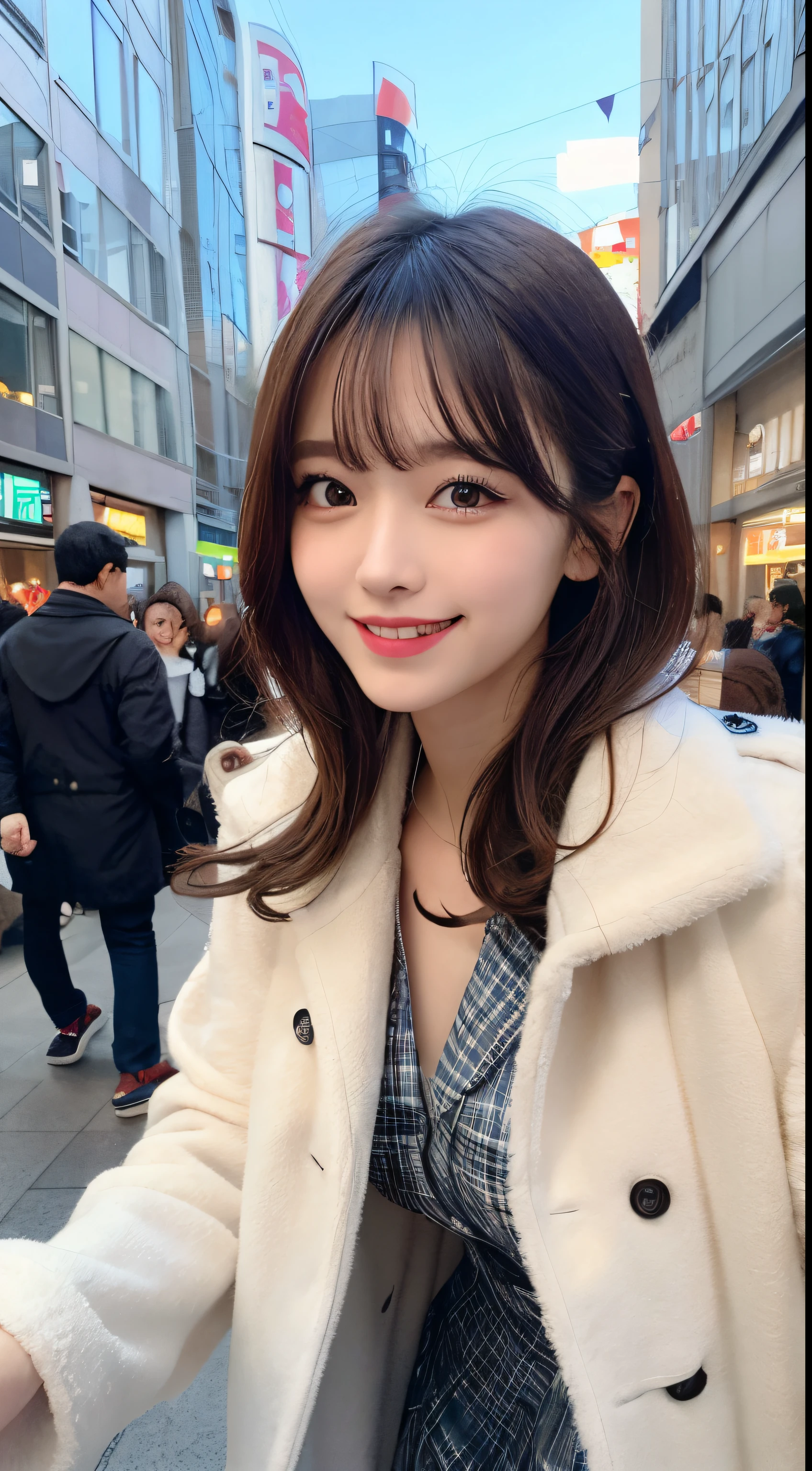 masutepiece, Best Quality, Illustration, Ultra-detailed, finely detail, hight resolution, 8K Wallpaper, Perfect dynamic composition, Beautiful detailed eyes, fluffy winter clothes(trench coat),Bob Hair,mid-chest, Natural Color Lip,Smile,Harajuku、20 years girl、Cute、is looking at the camera