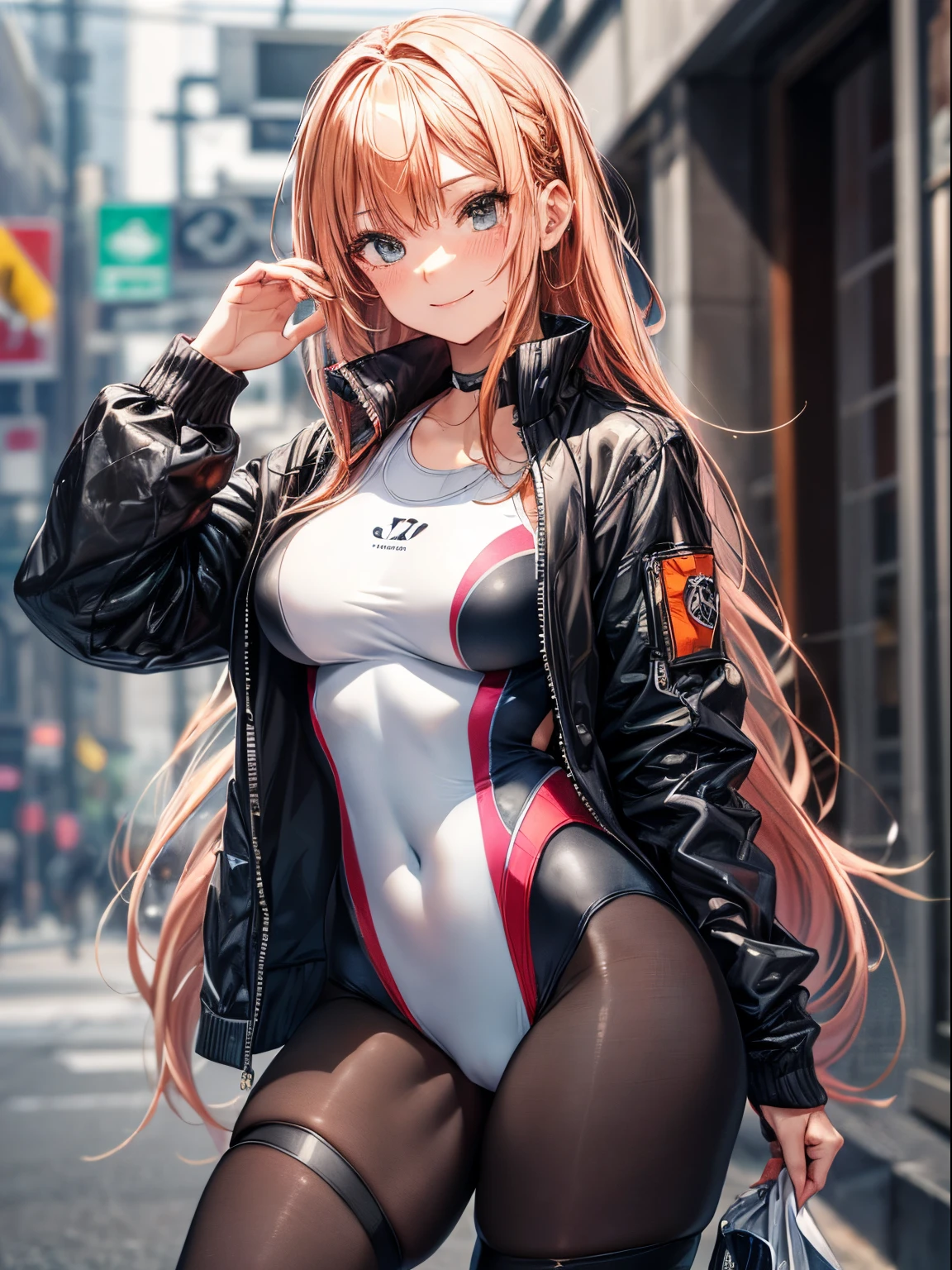 top-quality、Full limbs、complete fingers、Slender beauty、1 female、Women with straight hair、((Woman with orange hair))、Women with medium hair、Women with straight hair、(Beautiful busty woman:1.3)、((black rider jacket))、((White competitive swimsuit:1.3))、Brown pantyhose、black knee-length long boots、A big smile、Naughty Poses