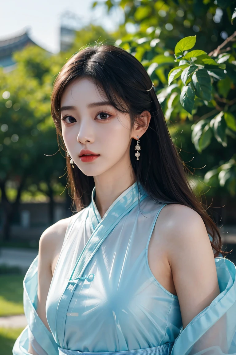 1girl, korean kpop idol and model ,23 years old,soft body, fair skin, eyeeticulous details、long eyelasher、beautiful double eyelid、eye shadows、eyeline、eyes elongated、elongate eye shape、Sanpaku eyeeautiful,close-up, 8k, RAW photo, best quality, masterpiece,realistic, photo-realistic,cute, earrings, ((very transparent) Hanfu), High image quality,