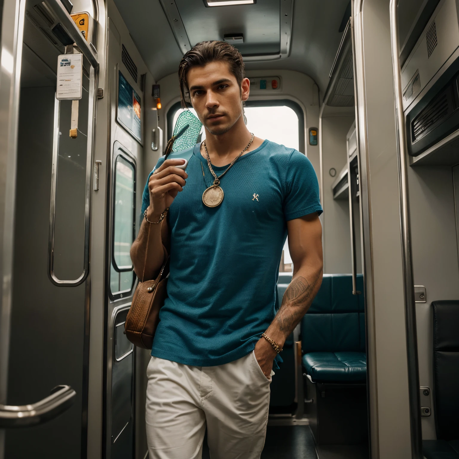 Em modelo realista forma humana utilizando roupas humandad comuns para homen, however, his clothes have details that refer to his divine form, o personagem da mitologia grega hermes o mensageiro dos deuses, he runs through a realistic city towards a public transport bus, while holding a cell phone in one hand, in his other hand he holds his Divine staff with 2 intertwined snakes, seus sapatos possuem pequenas asas brancas remetendo as asas divinas do deus hermes mensageiro