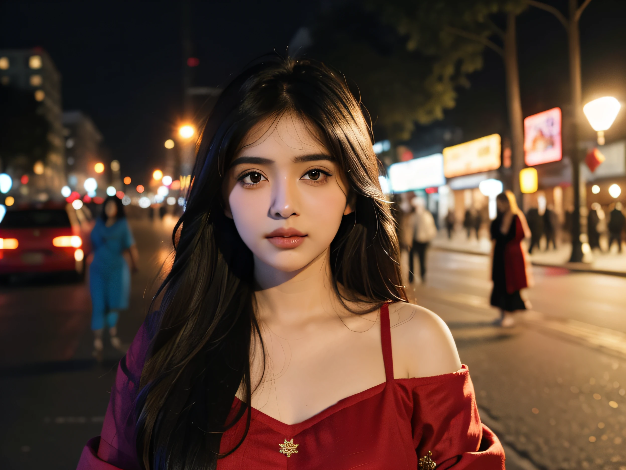 (((desi girl))), chubby face, natural skin, wearing hot deep red neck top and dupatta, charming really long blonde hair, ((hair ends are black)), city streets background, bokeh