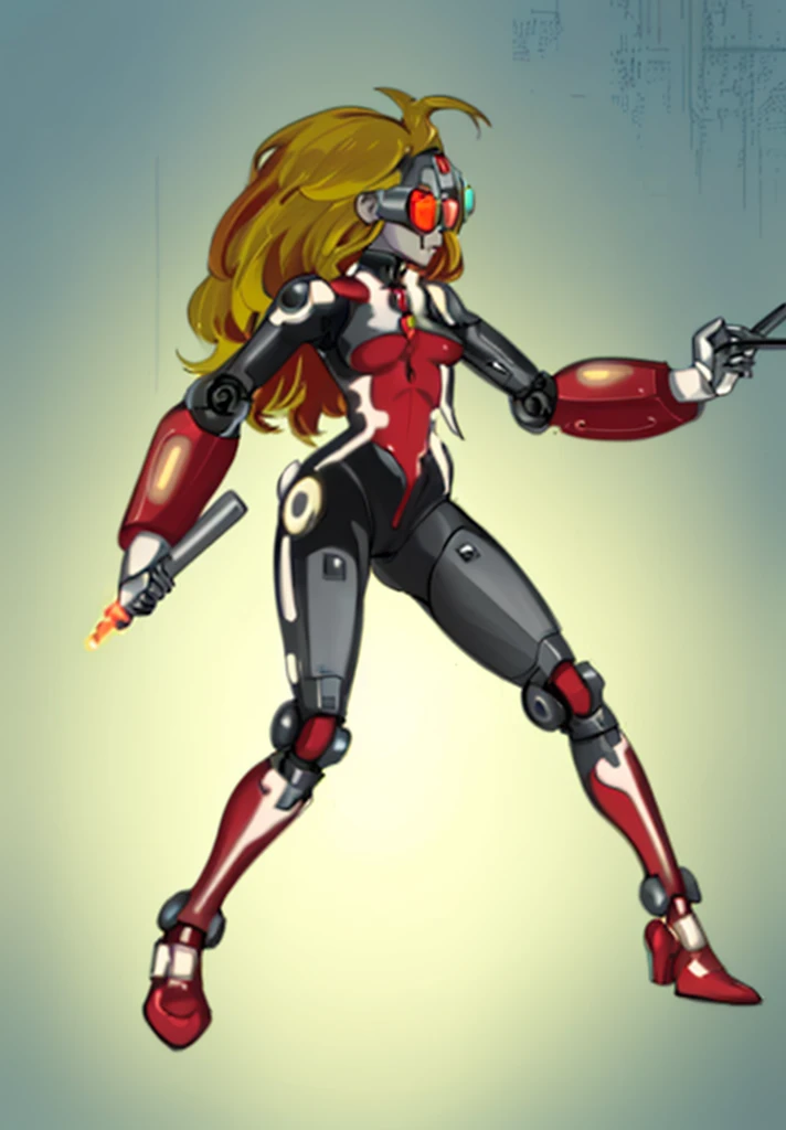 Robot girl, humanoid, red tight suit, yellow hair, yellow cyberpunk glasses, holding baton, android