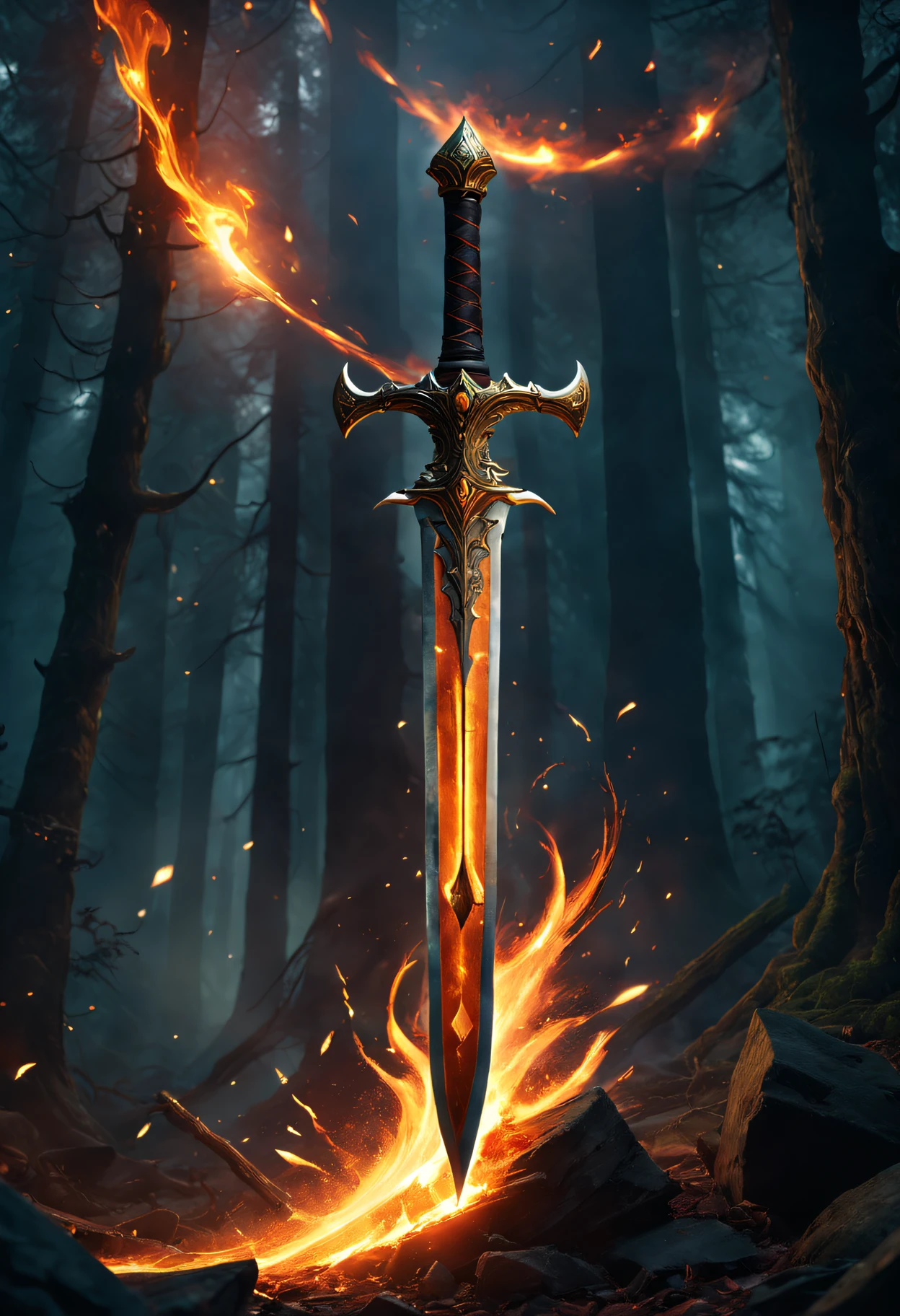 (Best quality at best, A high resolution, ultra - detailed, actual:1.37), fire saber, vibrant flame, shining blade, dynamic compositions, fantasy weapon, magical object, intense heat, Glowing embers, Flashing light, mythical artifact, epic battles, Dangerous weapons, Enchanted sword, power and destruction, captivating coloration, dramatic scene, Surreal atmosphere, Mystic energy, mystical fire, Ancient weapons, Hero weapons, Engraved handle, flame spin, Charming art style, radiating with light, intense battles, mythical creature, Epic heroes, Full of movement, Thrilling adventure, Glowing sparks, sparks flying, Strenuous movements, A world of dreams, dynamicposes, Ethereal landscape, an enchanted forest, Ominous Shadows, mythical power, epic destiny
