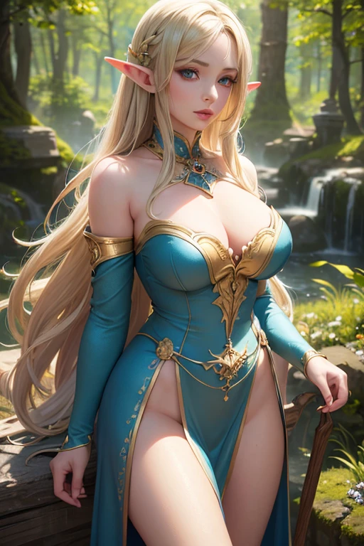 (best quality,4k,8k,highres,masterpiece:1.2),ultra-detailed,(realistic,photorealistic,photo-realistic:1.37),sexy elf mage,blonde,beautiful detailed eyes,beautiful detailed lips,extremely detailed eyes and face,long eyelashes,pointy ears,curves and contours,revealing outfit,magical aura,alluring pose,enchanted forest background,fantasy theme,soft color palette,natural lighting