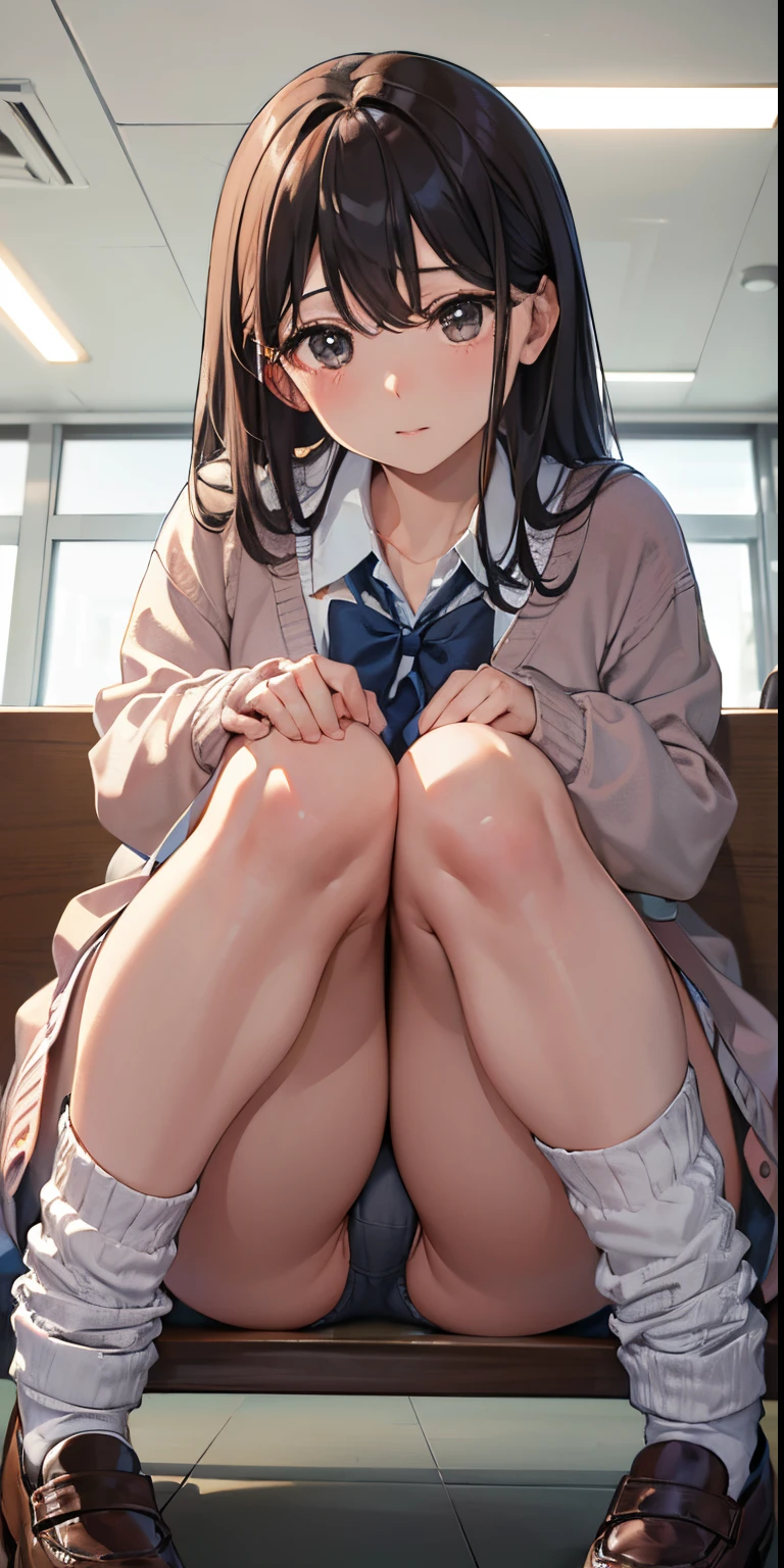 Masterpiece Top Quality High Resolution、(Cardigan), Sit with your knees bent、beauty legs 、in a school、As if looking up from below、Ashamed