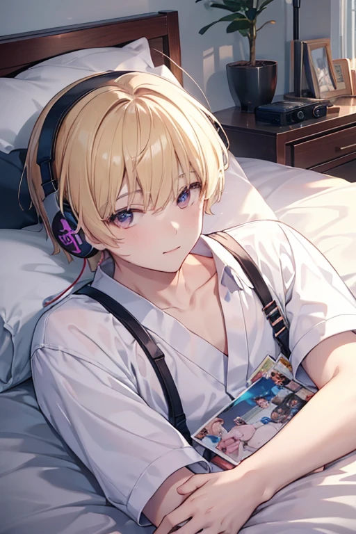 There a man lying on the bed wearing headphones, Pictures inspired by Jeonseok Lee, Douban, New line added, hong june hyung, jinyoung shin, , Kim Do-young, Cute Korean face, Paint Urzan, xintong chen, Ruan cute vtuber, yanjun chengt, cute young man, Korean male,ssmile