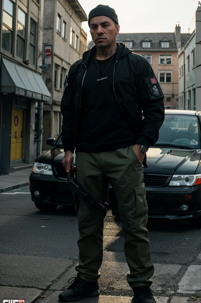 Airsoft player in the style of Grand Theft Auto from Croatia, looking like a gangsta from Croatia, standing behind a car in a city, let the background be like Croatia