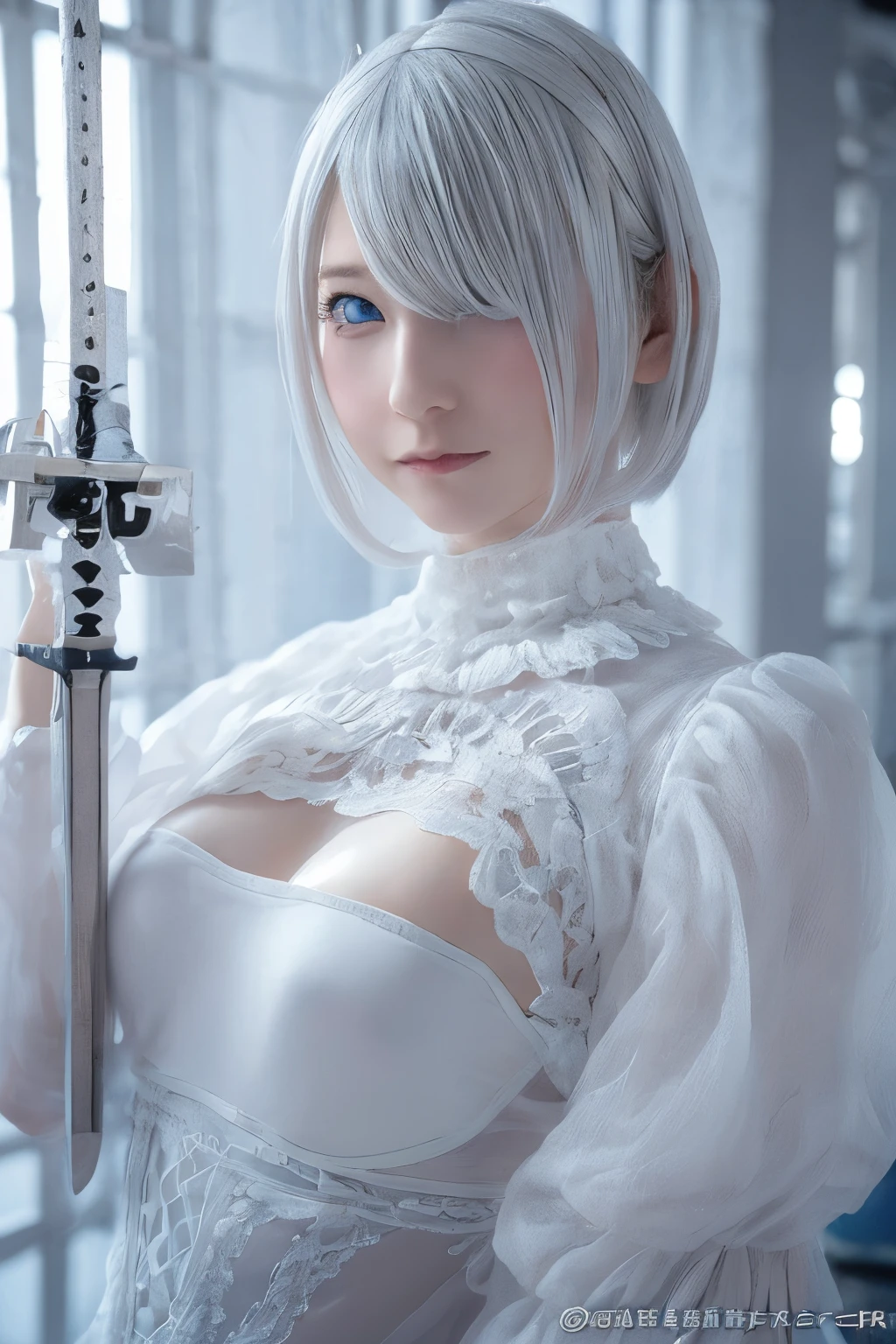 ((High quality)),masutepiece,(Detailed depiction of local details:1.2),1girl in,Blue eyes,large full breasts,Closed mouth,Eyelashes,Looking at Viewer,Portrait,Solo,Upper body,White hair,White theme,Short hair,Silver hair,shairband,Yorha No. 2 Type B,