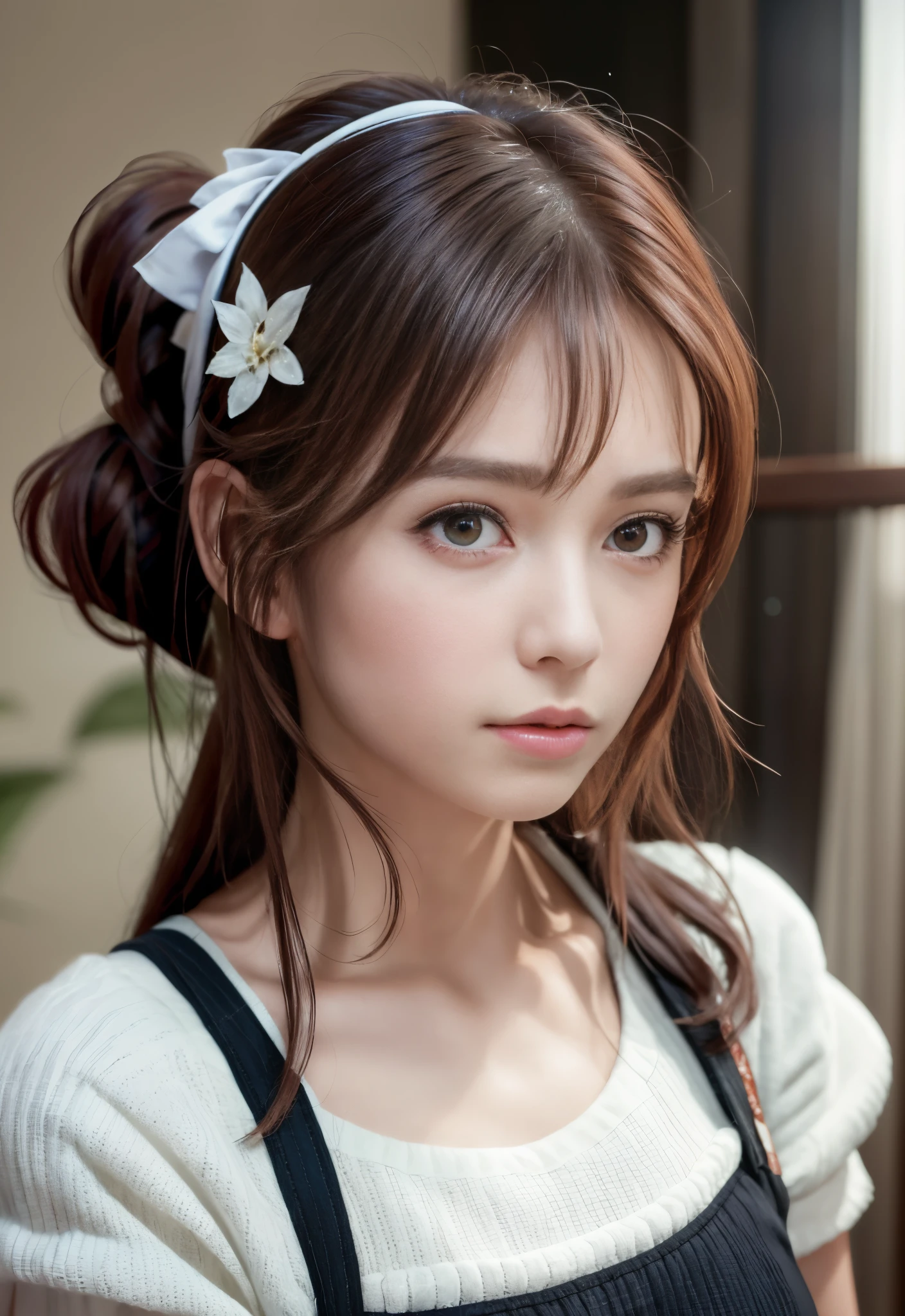 8K, of the highest quality, masutepiece:1.2), (Realistic, Photorealsitic:1.3), of the highest quality, masutepiece, Beautiful young woman, Pensive expression, Thoughtful look, Cute Maid Clothes, Hair tied back, Messy mood, Cinematic background, Tired, Light skin tone