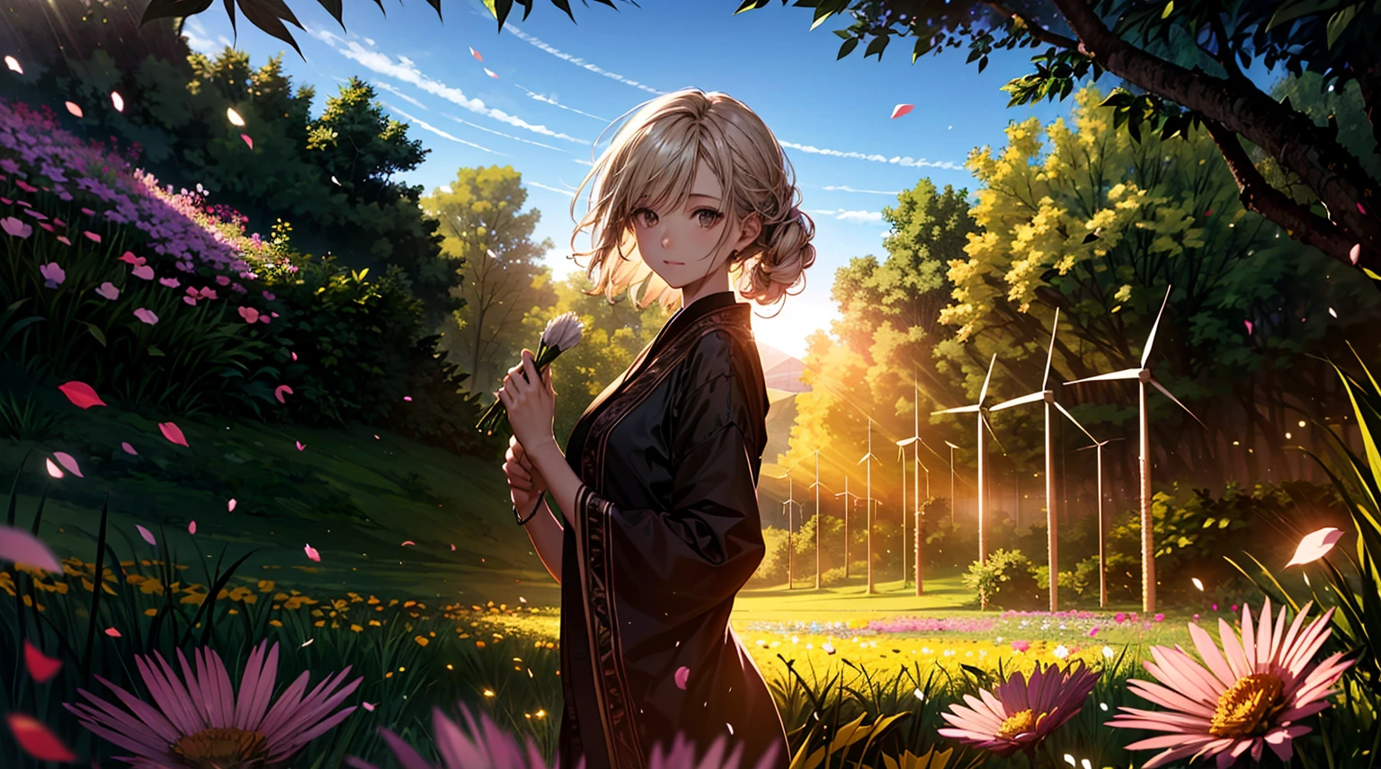 masterpiece, top-quality, (hight resolution:1.2), (extremely detailed CG unified 8k wallpaper), (Stylish design:1.4), (Beautiful lighting,光线追踪), (35mmF/1.8, captured on canon eos r 6), ((wind turbines)),(A wide variety of flowers), (Extensive flower garden),Extraordinary image,stunning landscape,natural beauty,Vibrant colors,serene ambiance,Impressive details,Dreams,tranquil surroundings,Calm and harmony,tranquil surroundings,sunny sky,gentle wind,(Dancing Flowers,Delicate petals),warm sunlight,(Soft pastel colors),Exquisite craftsmanship,Precise brushwork,lifelike textures,Realistic depiction,magical feeling vibes,A moment of bliss,Totally captivating,ethereal beauty,Tranquility at its best