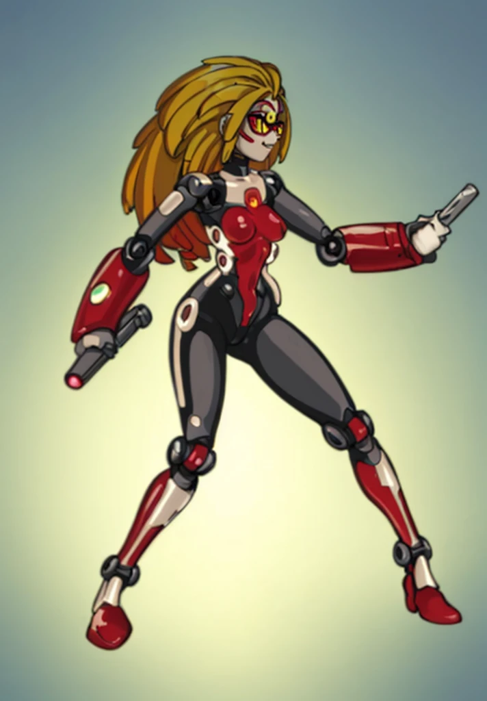Robot girl, humanoid, red tight suit, yellow hair, yellow cyberpunk glasses, holding baton, android