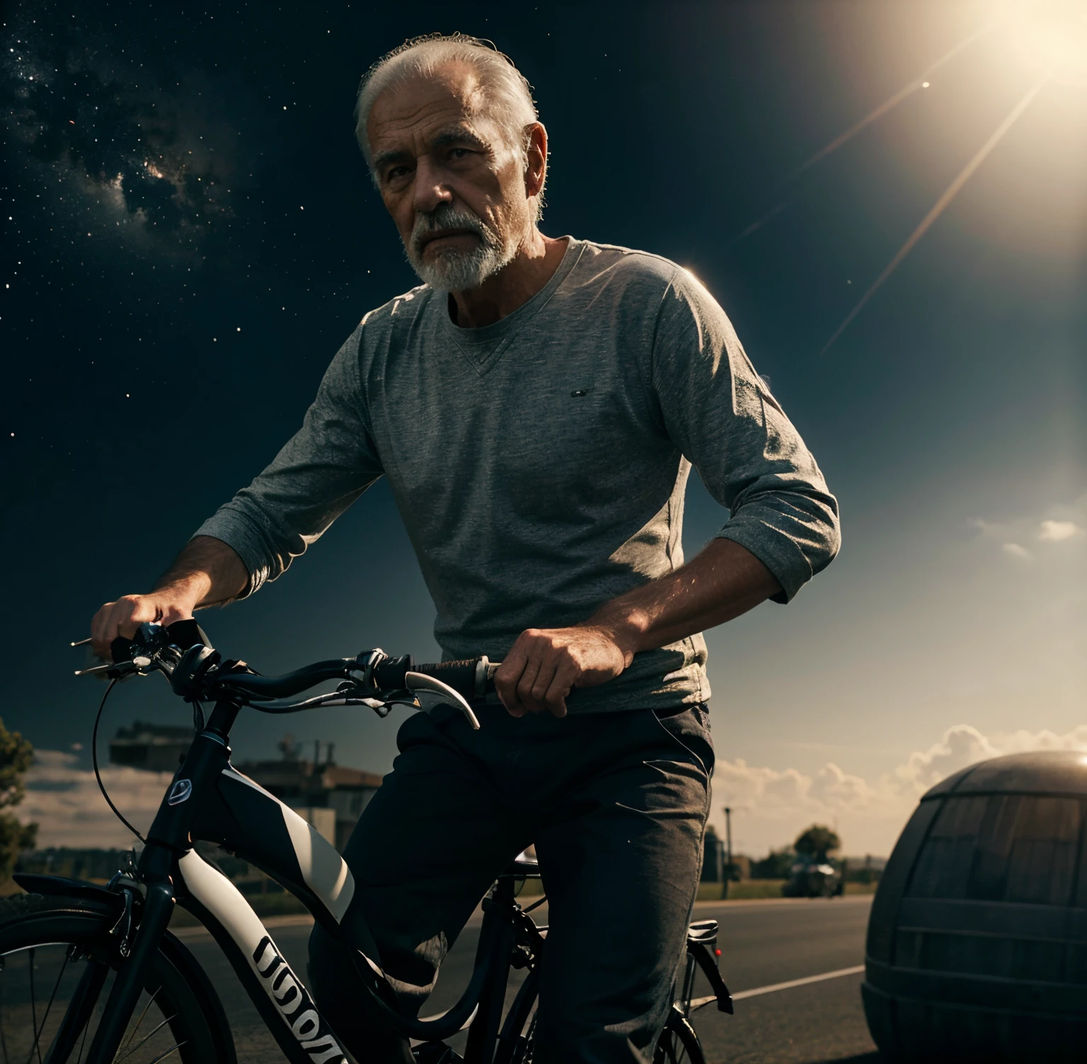 Old man ridding sport bike on the way from earth to planet, ultra realistic, clear pose