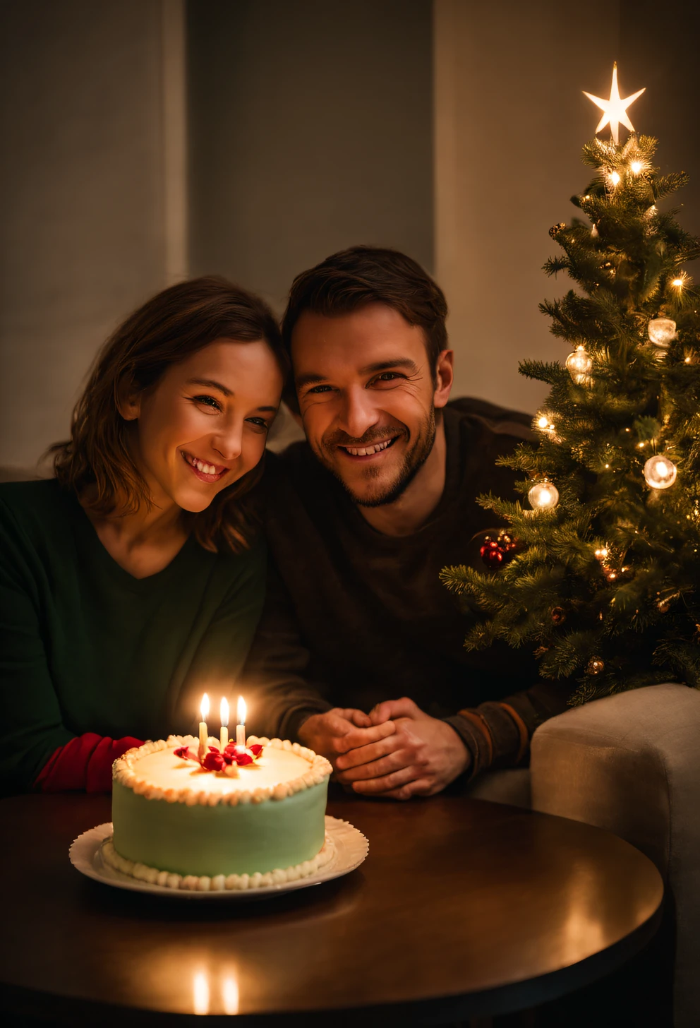 a couple, ((A very small Christmas tree and a very small Christmas cake on a small table:1.2)), (sitting next to each other on the sofa, huddled together), The best smile full of love, dim room, lit by cake. The candle flame flickers, Soft light, Portrait