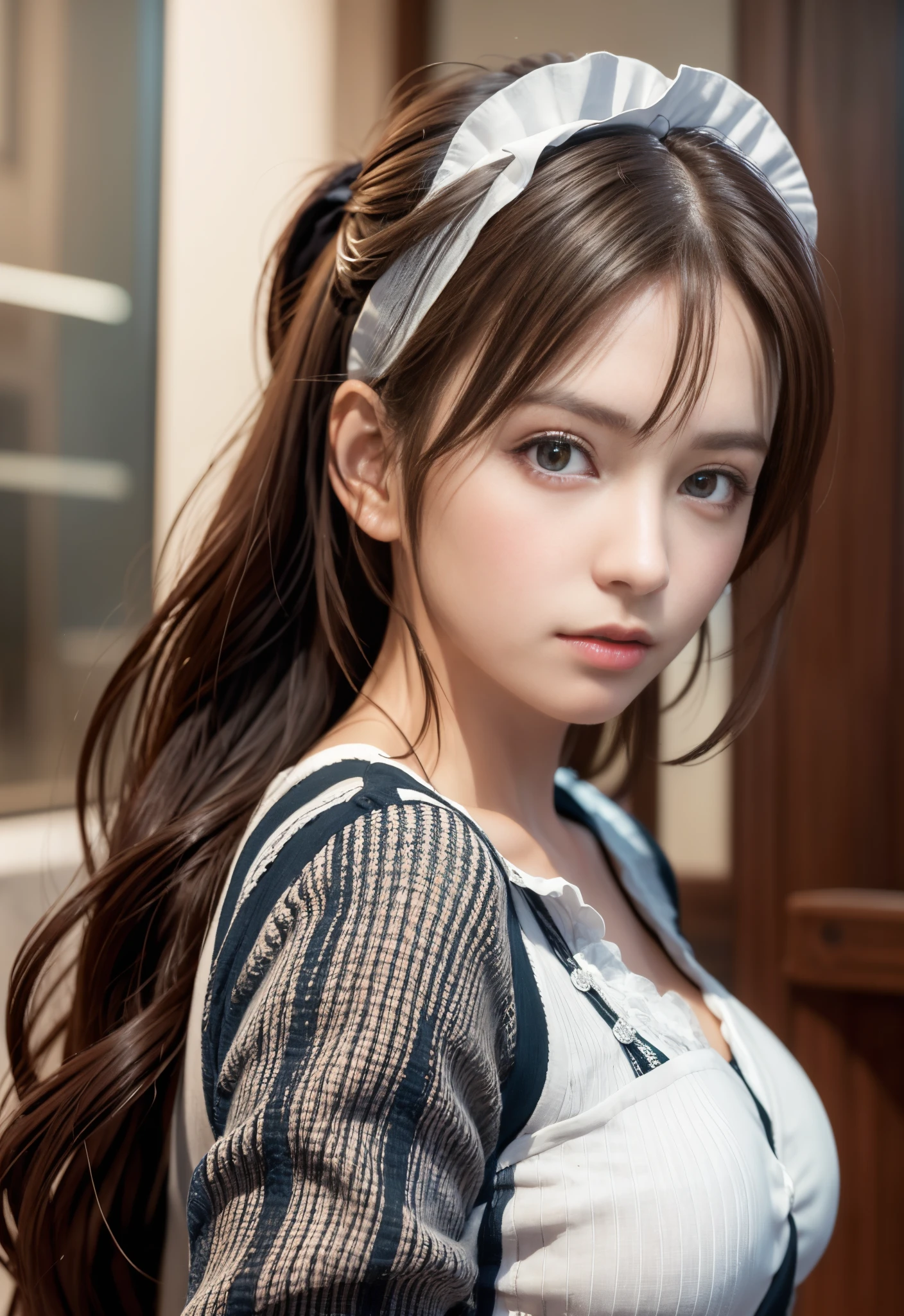 8K, of the highest quality, masutepiece:1.2), (Realistic, Photorealsitic:1.3), of the highest quality, masutepiece, Beautiful young woman, Pensive expression, Thoughtful look, Cute Maid Clothes, Hair tied back, Messy mood, Cinematic background, Tired, Light skin tone