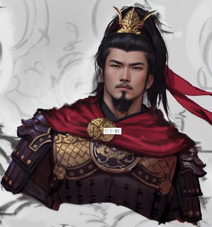 Close-up of a man wearing a red cloak and red scarf, Ancient Chinese general,Homem de meia idade,armor,hair-bun,inspired by Li Kan, inspired by Guan Daosheng, inspired by Dong Yuan, G Liulian art style, inspired by Zhao Yuan, inspired by Li Rongjin, Inspired by Hu Zaobin, Inspired by Huang Shen, Inspired by Zhibai