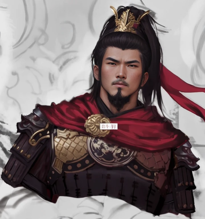 Close-up of a man wearing a red cloak and red scarf, Ancient Chinese general,Homem de meia idade,armor,hair-bun,inspired by Li Kan, inspired by Guan Daosheng, inspired by Dong Yuan, G Liulian art style, inspired by Zhao Yuan, inspired by Li Rongjin, Inspired by Hu Zaobin, Inspired by Huang Shen, Inspired by Zhibai