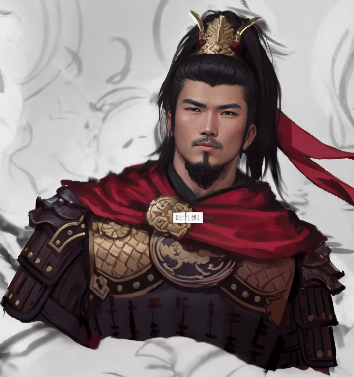 Close-up of a man wearing a red cloak and red scarf, Ancient Chinese general，Homem de meia idade，armor，hair-bun，inspired by Li Kan, inspired by Guan Daosheng, inspired by Dong Yuan, G Liulian art style, inspired by Zhao Yuan, inspired by Li Rongjin, Inspired by Hu Zaobin, Inspired by Huang Shen, Inspired by Zhibai