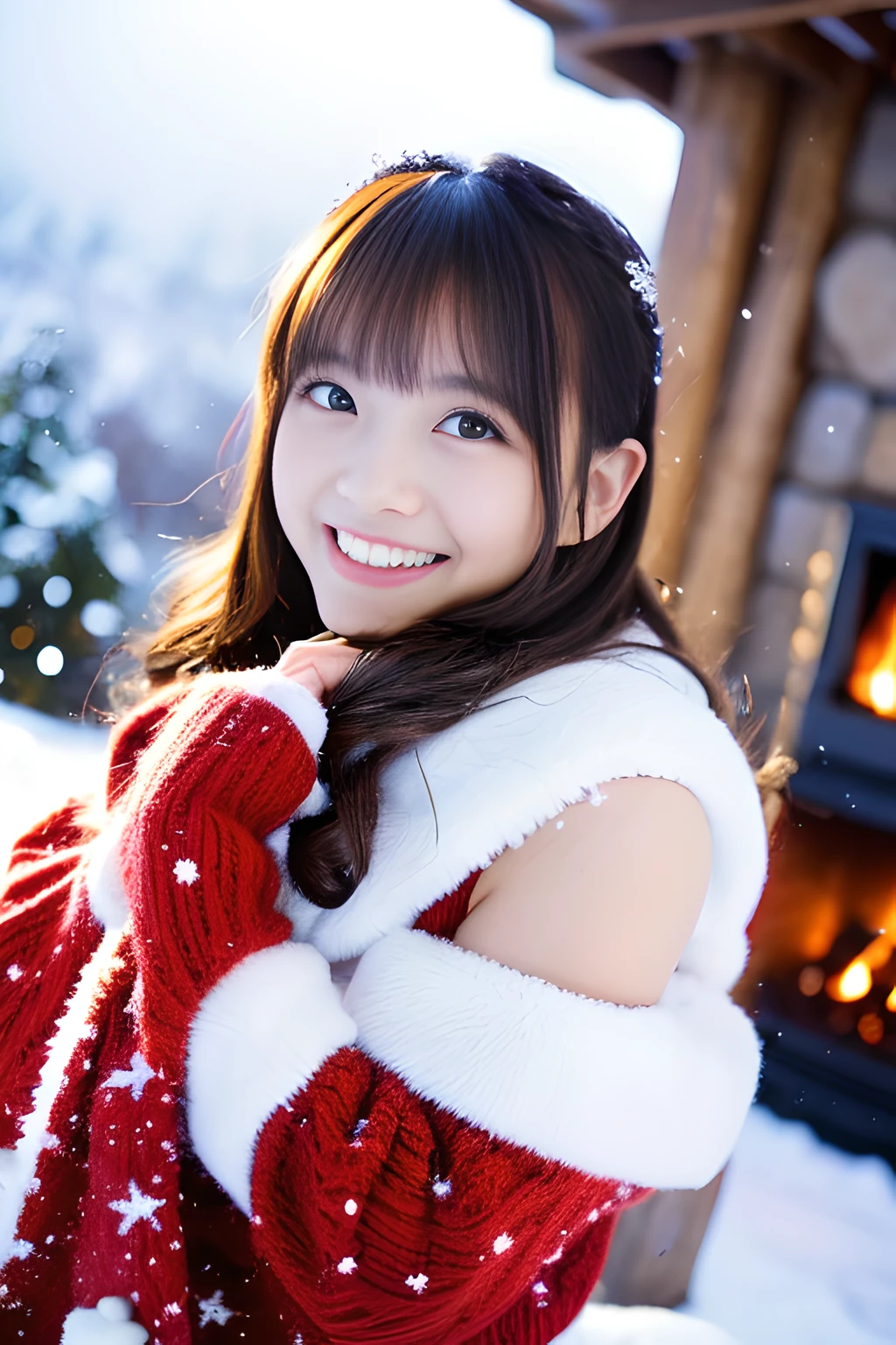 (Best Quality,4K,hight resolution,masutepiece:1.2),Realistic,Christmas, (20 years old),Hugging a big teddy bear,stuffed animal,Wear warm clothes,Snow falling in the background,Winter wonderland,Joyful expression,Magical atmosphere,Soft lighting,Vivid colors,Happiness,laught,Welcoming environment,Warmth,Smiling eyes,Curly hair,Shimmering decoration,Twinkling lights,toy train set,wrapped present,Rooftop with Santa Claus and reindeer flying in the distance,magic snowflake,christmas tree with ornaments,log cabin,curl up near the fireplace,Peace and quiet,Excitement and anticipation,Snowy landscape,Innocence,Enchanted moments,Playful laughter,Upholstered stockings,Holiday spirit,love and togetherness.thighs thighs thighs thighs、off shoulders