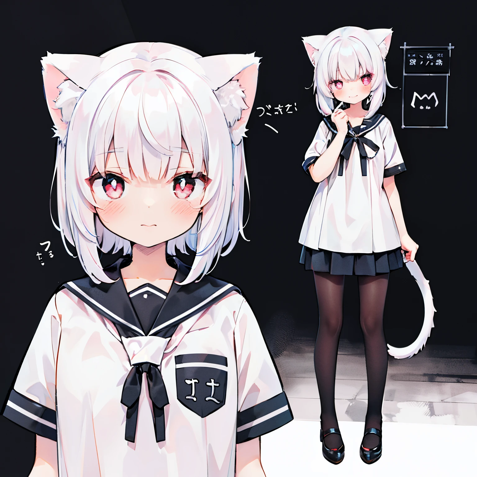 full bodyesbian(Stand up),Very cute Q-version white-haired cat girl ,Has fluffy white ears,White hair,pink eyes and pupils