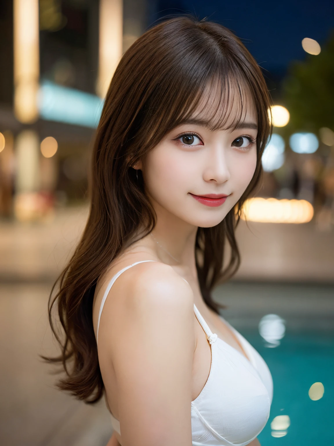 masutepiece, Best Quality, Illustration, Ultra-detailed, finely detail, hight resolution, 8K Wallpaper, Perfect dynamic composition, Beautiful detailed eyes, she is wearing a bikini swimsuit,Medium Hair,Natural Color Lip, Bold sexy poses,Smile,Harajuku、20 years girl、Cute、Sexy shot looking at camera、C Cup、Brown hair、cacique#39;s face、Blurry night pool background