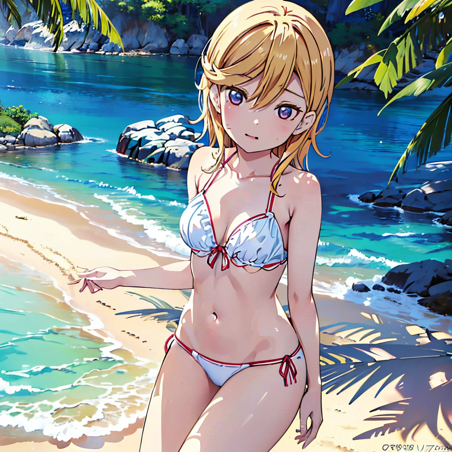 anime, Style, Kanon Shibuya Love Live, sexy bikini, in the beach, sunny day, nude, full body (best quality, 4k, 8k, alta resolução, obra-prima: 1.2), ultra-detailed, (realista, fotorealista, foto-realista: 1.37) colorido com vibrantes cores, soft-lighting