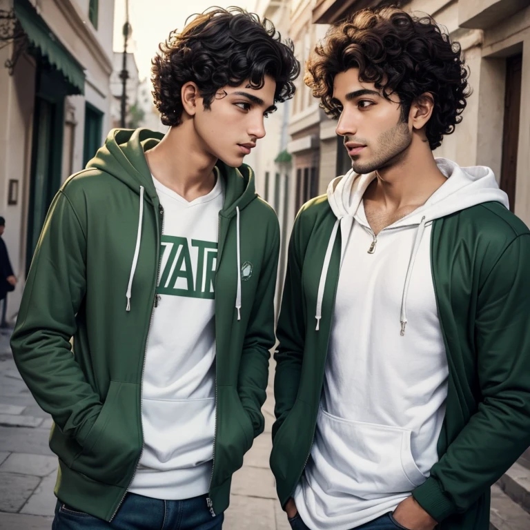 Flirting of a curly boy in a green Iranian hoodie with another Iranian boy in a white jacket