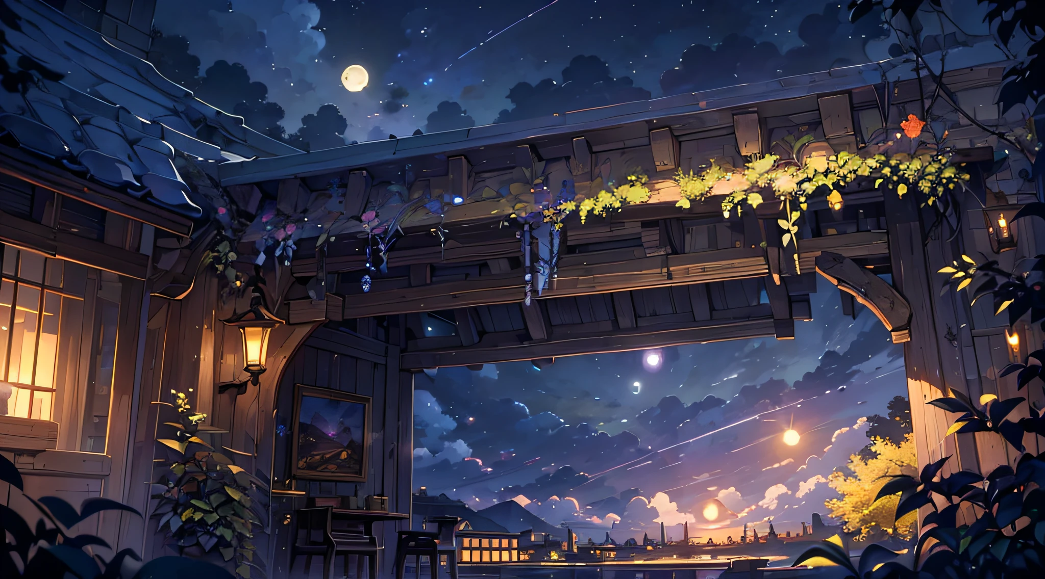 Makoto Shinkai, Expansive landscape photograph , (View from below，Displays the sky above and the clearing below), (full moon:1.2), ( meteors:0.9), (Starcloud:1.3), lamp lights, lots of purples and oranges, Intricate details, Volumetric lighting BREAK (Masterpiece:1.2), (Best quality), 4K, Ultra-detailed, (Dynamic composition:1.4), Highly detailed, Colorful details,( Iridescent colors:1.2), (luminouslighting, Atmospheric lighting), Dreamy, magical, (Solo:1.2)