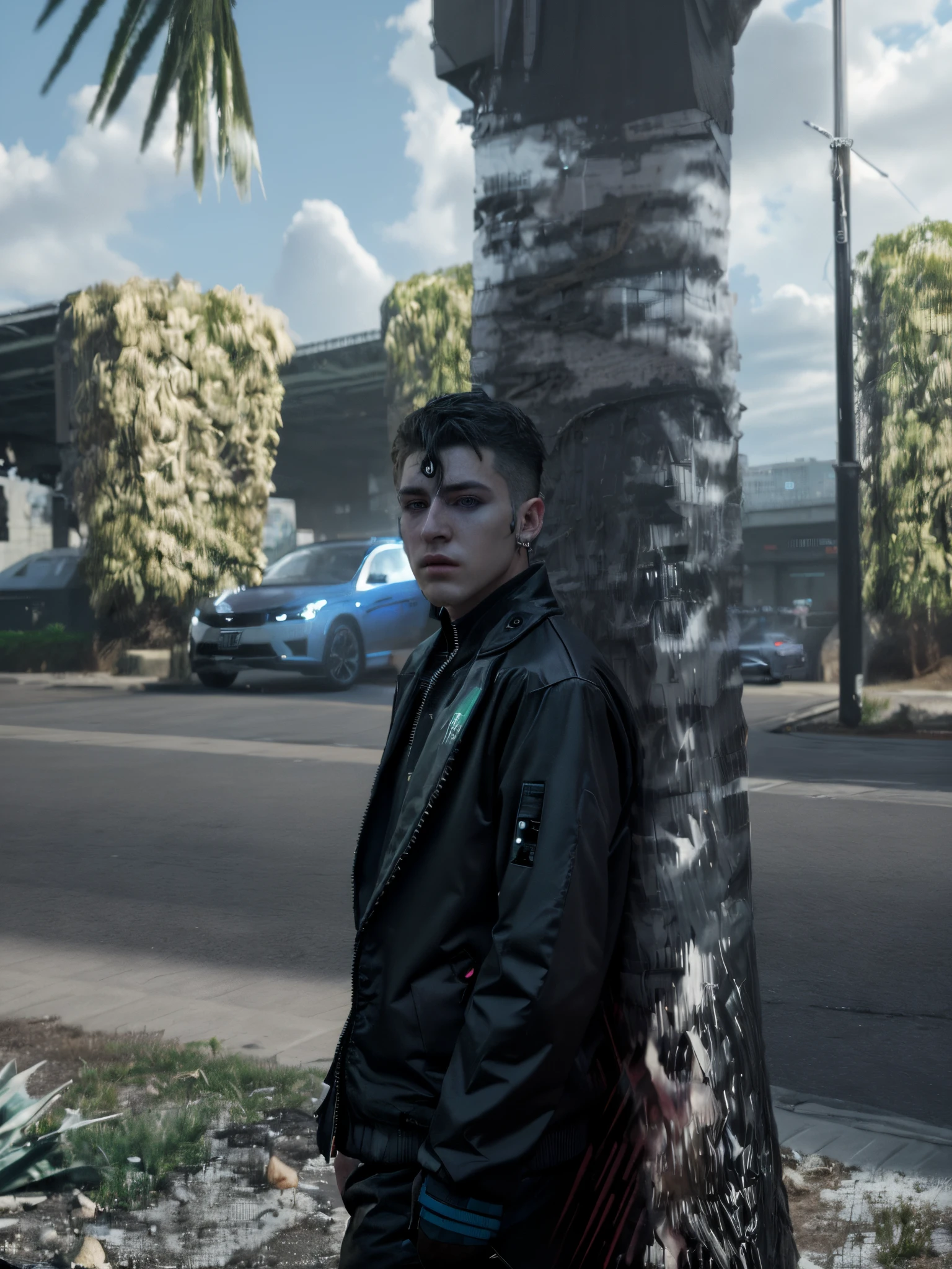 Change background cyber punk handsom e boy, realistic face, 8k, ultra realistic, dyneme jacket