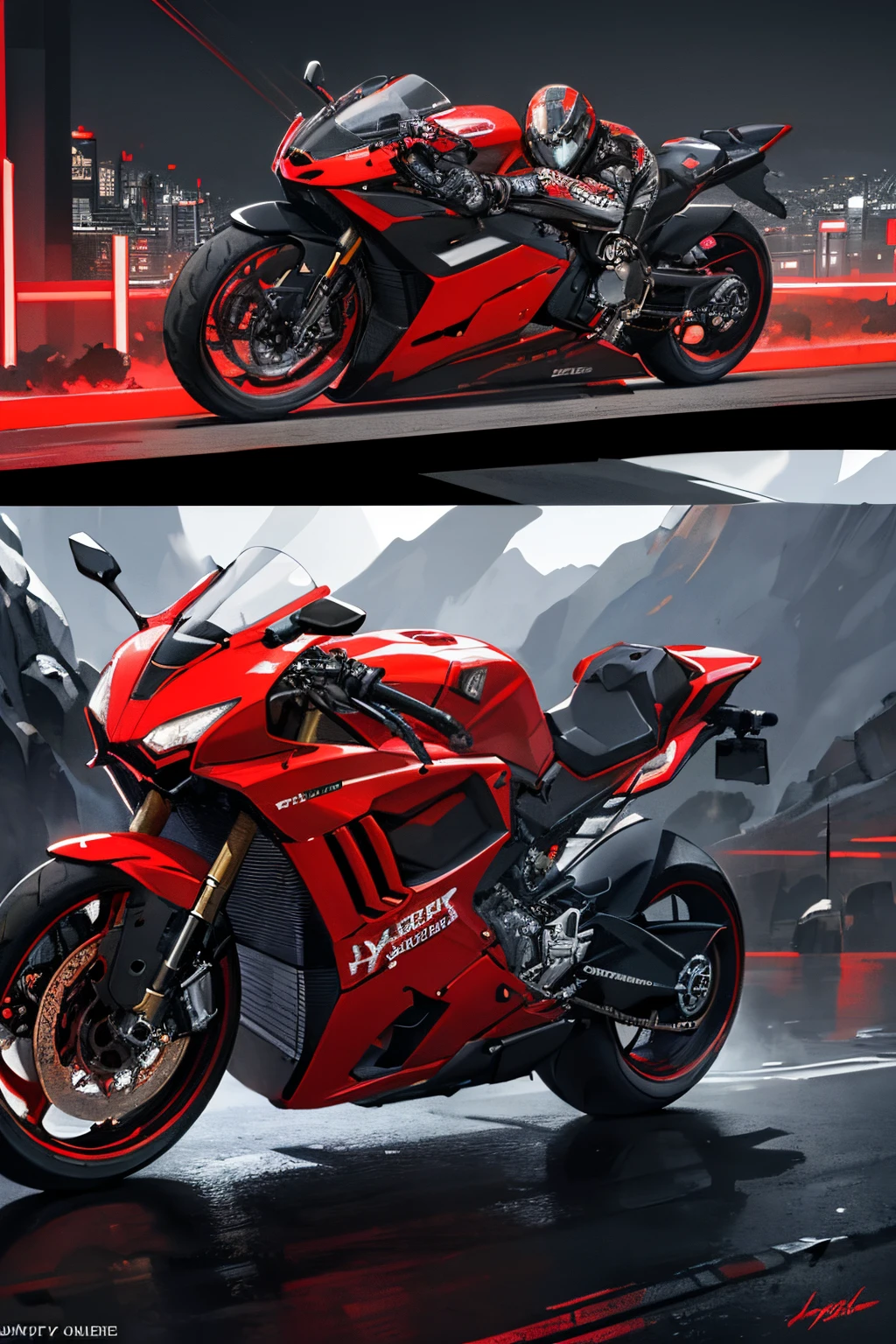 Masterpiece, best quality, high detailed, Dark_Fantasy, Cyberpunk, (sword weapon,Red:1.1),1man,Mechanical,Robotic presence,Cybernetic guardian, darkness, night city background, nighttime, Cyberpunk mecha humanoid black and red  is riding  a futuristic Ducati Panigale V4 race motorcycle on a mountain road at night, realistic style, inspired by Blade Runner, dark and dramatic lighting, red and black theme, center curved composition, view point from the front side. (hyper-detailed masterpiece:1.5), (beautifuly intricate:1.5), (best quality:1.5), (aesthetic + beautiful + harmonic:1.5), (hyper-detailed face, hyper-detailed eyes, hyper-detailed mouth, hyper-detailed body, hyper-detailed hands, hyper-detailed clothes, and hyper-detailed scenery:1.5), (sharpen details:1.2