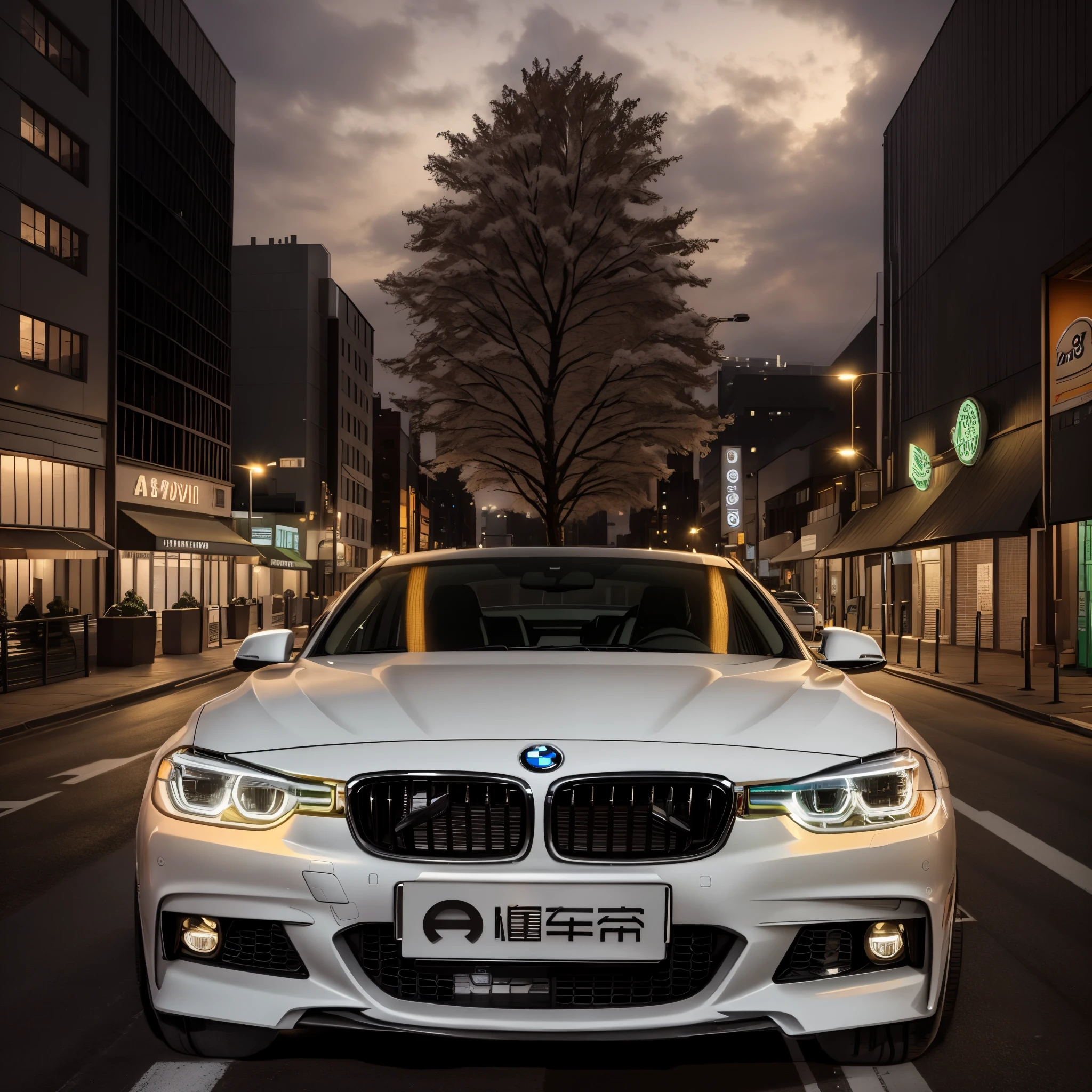 A white car parked in the middle of the road, car commercial photograph, automotive photography, bmw, S-line, vehicle photography, f 3 2, F32, auto photography, 4l, charging through city, city street view background, the street, full device, street night, product introduction photos, Full portrait, Car headlights flashing neon