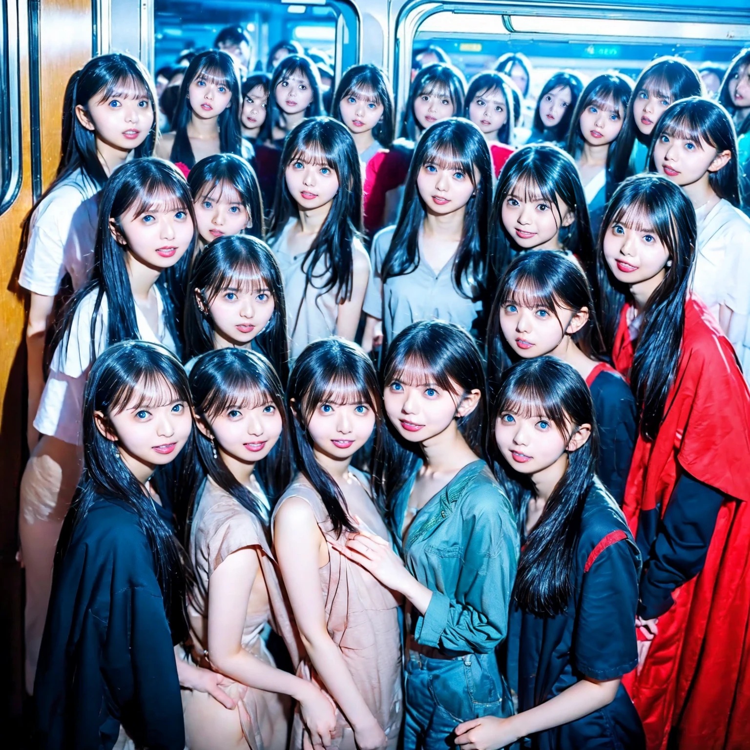 Raw photo、(((multiple girls))),((((6+girls)))),((((1000girls)))),(((10000girls)))、(((crowd shot))),((a baby face)),(((Adhesion)))、((Crammed))、((Packed))、elementary student、(Inside the crowded train)、(((6 years old)))、Women only、japanes、((Same height))、The same face、((A dark-haired)),Longhaire、1000 cute women hugging and loving each other、(((Large group)))、((chiquita))、sweating、joyous expression、A crowded train full of ***********s