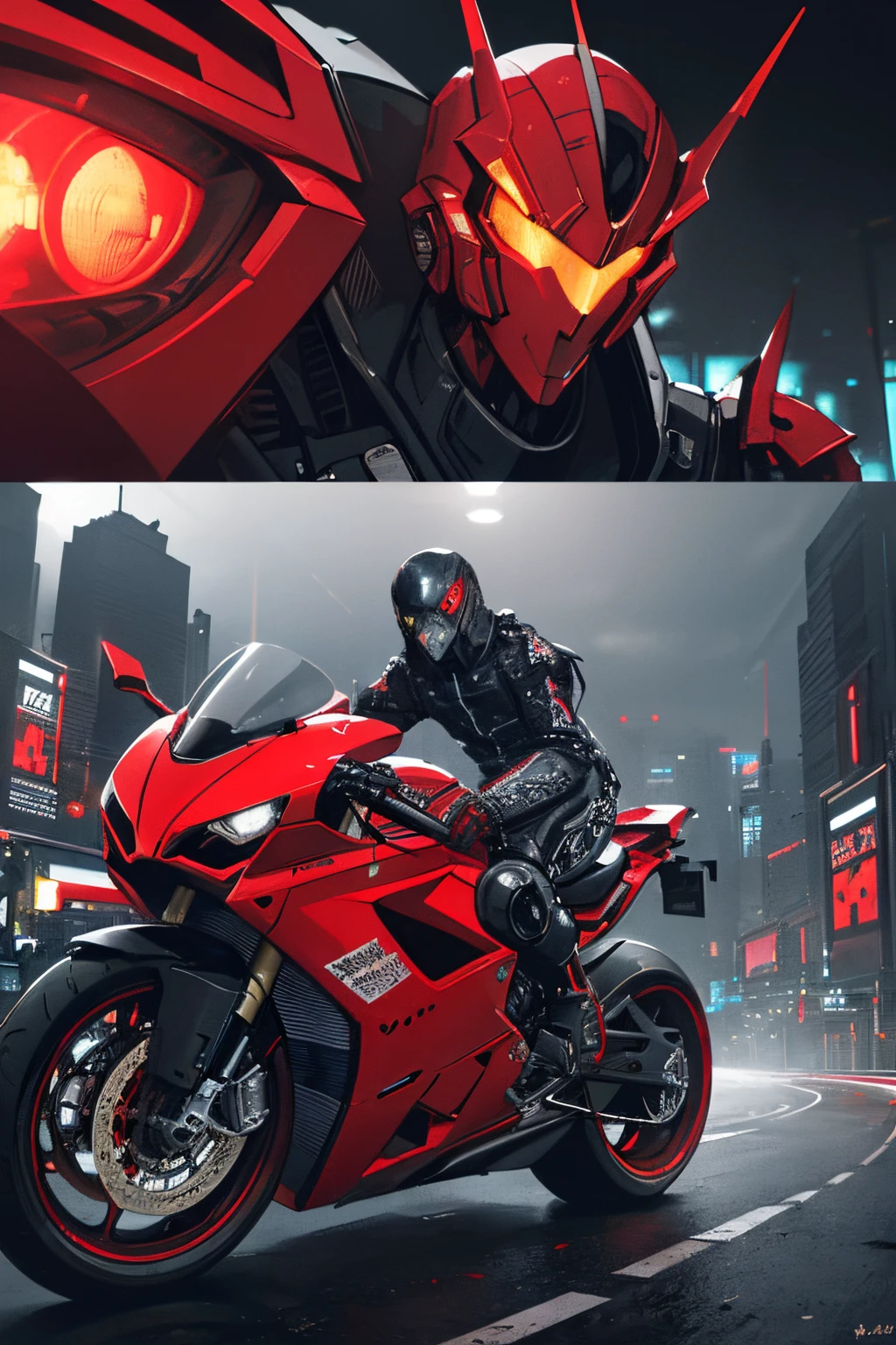 Masterpiece, best quality, high detailed, Dark_Fantasy, Cyberpunk, (sword weapon,Red:1.1),1man,Mechanical,Robotic presence,Cybernetic guardian, darkness, night city background, nighttime, Cyberpunk mecha humanoid black and red  is riding  a futuristic Ducati Panigale V4 race motorcycle on a mountain road at night, realistic style, inspired by Blade Runner, dark and dramatic lighting, red and black theme, center curved composition, view point from the front side. (hyper-detailed masterpiece:1.5), (beautifuly intricate:1.5), (best quality:1.5), (aesthetic + beautiful + harmonic:1.5), (hyper-detailed face, hyper-detailed eyes, hyper-detailed mouth, hyper-detailed body, hyper-detailed hands, hyper-detailed clothes, and hyper-detailed scenery:1.5), (sharpen details:1.2
