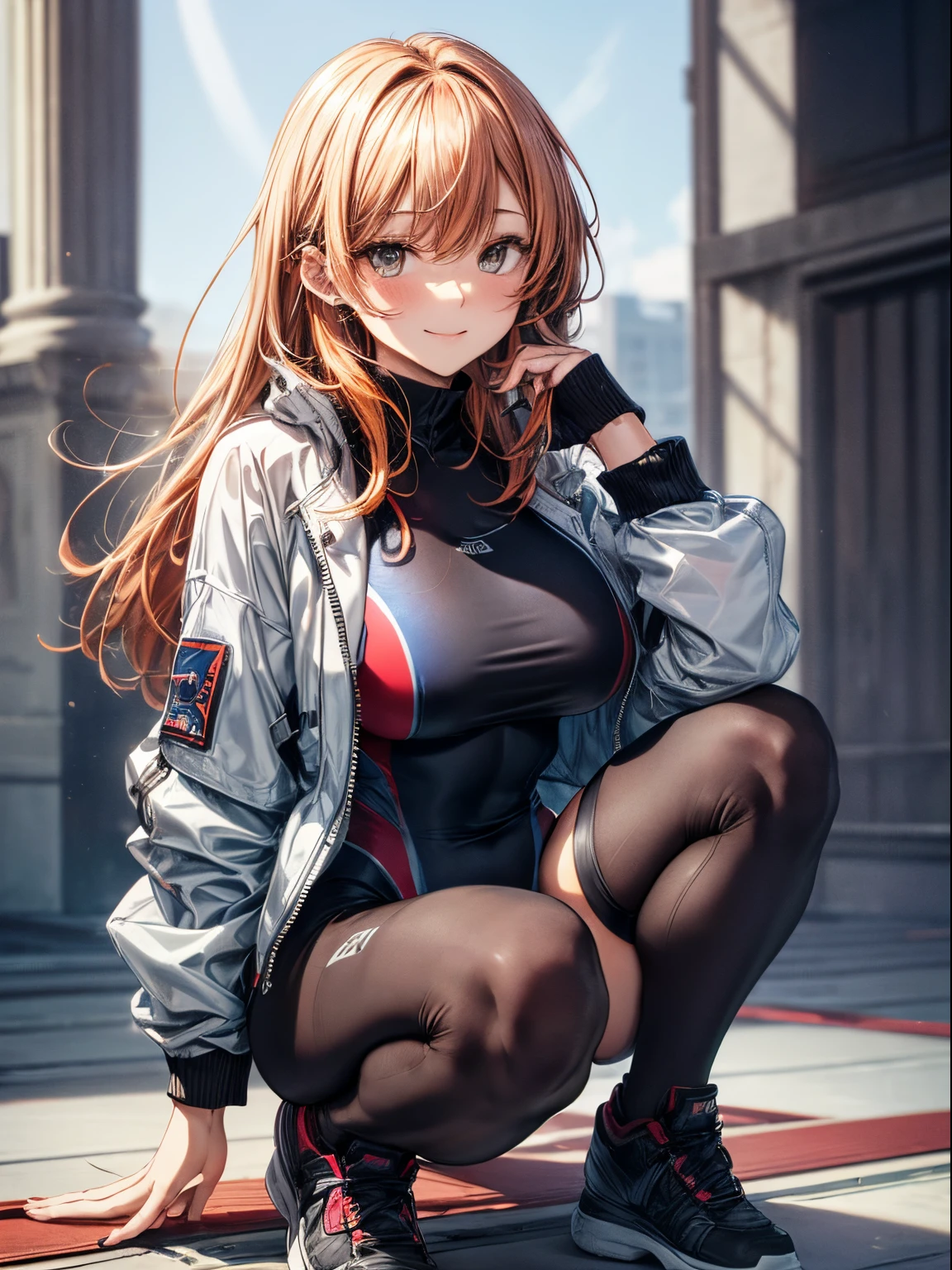 top-quality、Full limbs、complete fingers、Slender beauty、1 female、Women with straight hair、((Woman with orange hair))、Women with medium hair、Women with straight hair、(Beautiful busty woman:1.3)、((black rider jacket))、((White competitive swimsuit:1.3))、Brown pantyhose、black knee-length long boots、A big smile、Naughty Poses、squatting
