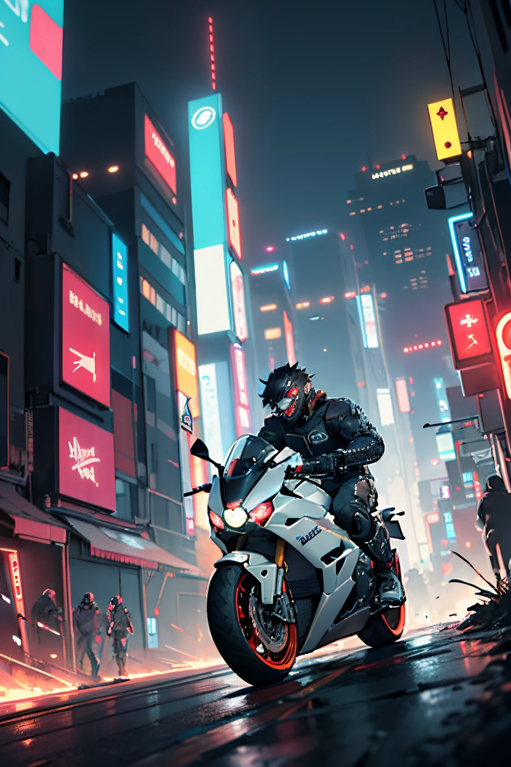 Masterpiece, best quality, high detailed, Dark_Fantasy, Cyberpunk, (sword weapon,Red:1.1),1man,Mechanical,Robotic presence,Cybernetic guardian, darkness, night city background, nighttime, Cyberpunk mecha humanoid black and red  is riding  a futuristic Ducati Panigale V4 race motorcycle on a mountain road at night, realistic style, inspired by Blade Runner, dark and dramatic lighting, red and black theme, center curved composition, view point from the front side. (hyper-detailed masterpiece:1.5), (beautifuly intricate:1.5), (best quality:1.5), (aesthetic + beautiful + harmonic:1.5), (hyper-detailed face, hyper-detailed eyes, hyper-detailed mouth, hyper-detailed body, hyper-detailed hands, hyper-detailed clothes, and hyper-detailed scenery:1.5), (sharpen details:1.2