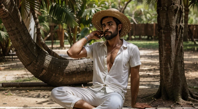 Crie um macaco de barba branca, wearing straw hat, usando camisa branca, long white pants, holding a pipe in one hand and sitting on a tree trunk.