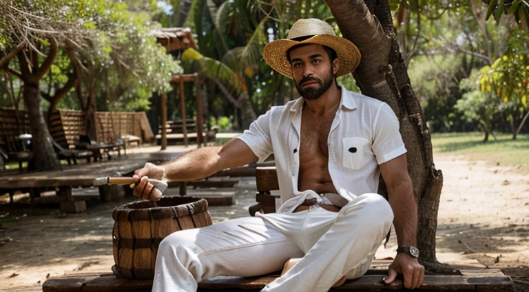 Qualidade de imagem ultra-alta, realistic and strong male characteristics, um homem inspirado em Henry Cavill como Wolverine, Um homem, tanned pele, big bulge, darker pele, restolho, muscular, mestre jardineiro, lush botanical garden, straw hat, exotic plants, extremely hot and sexy perfect abdomen, full body view (vista frontal), luz difusa, location: lush botanical garden, exotic plants,, foto colorida, (candid human pele), pele