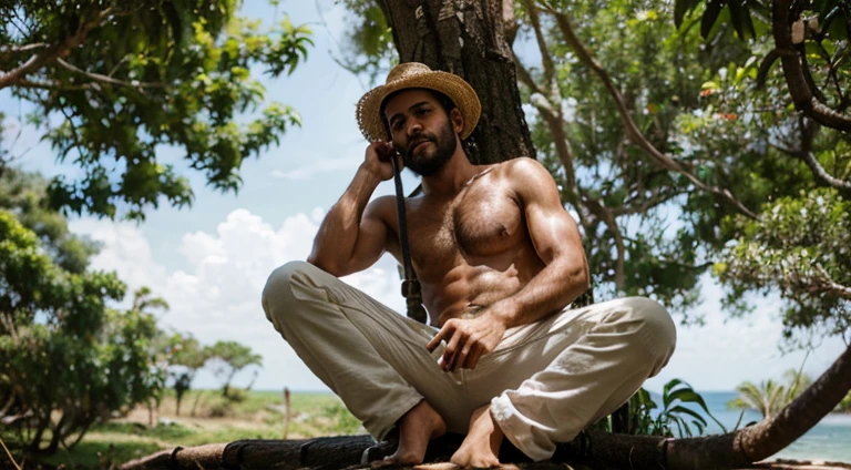 Crie um macaco de barba branca, wearing straw hat, usando camisa branca, long white pants, holding a pipe in one hand and sitting on a tree trunk.