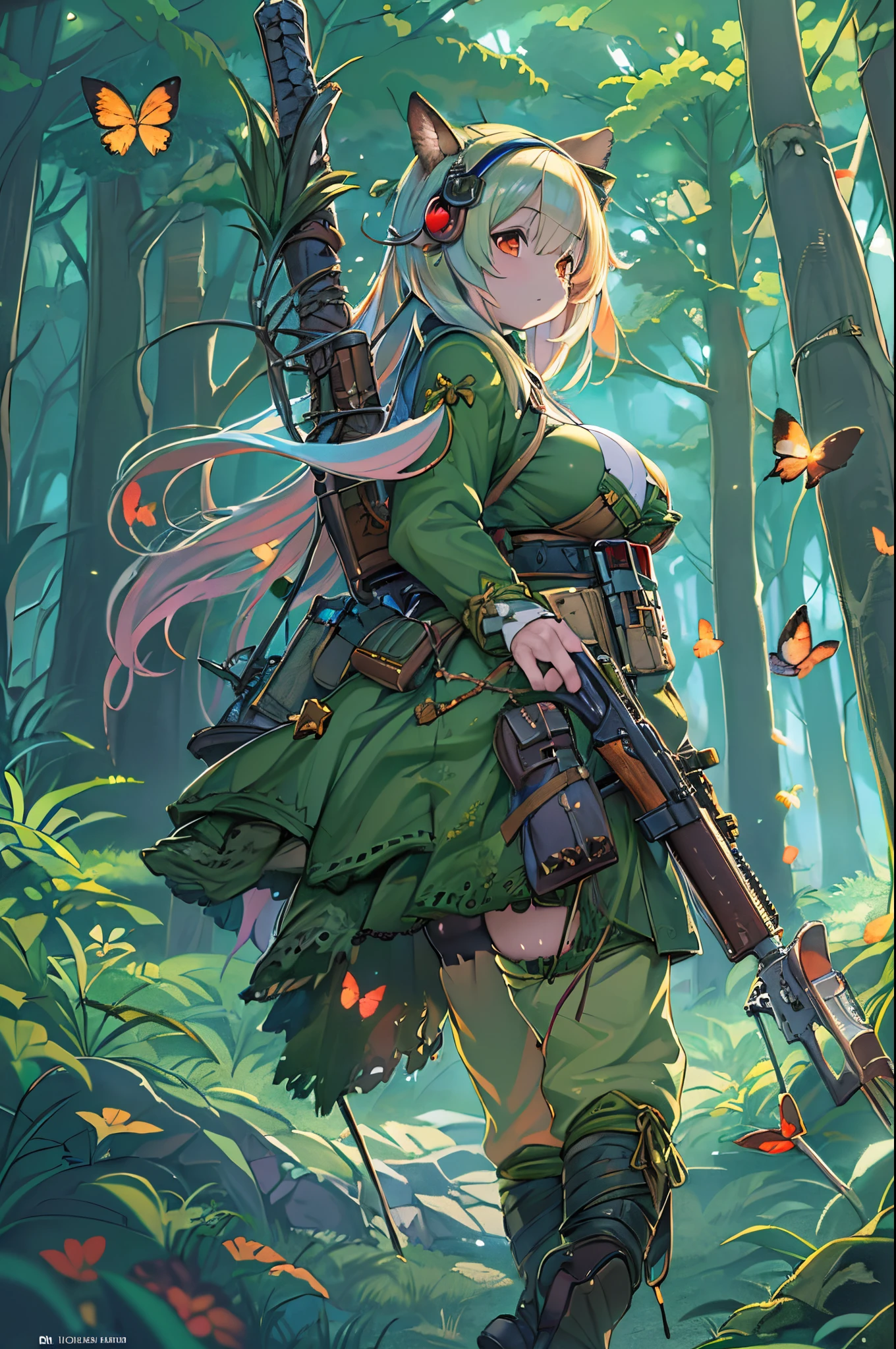 Anime girl with a rifle in the forest with butterflies, anime fantasy illustration, guweiz on artstation pixiv, anime fantasy artwork, guweiz on pixiv artstation, female forest archer, 2. 5 d cgi anime fantasy artwork, Trending on ArtStation pixiv, beautiful fantasy anime, Detailed anime artwork, anime art wallpaper 4k