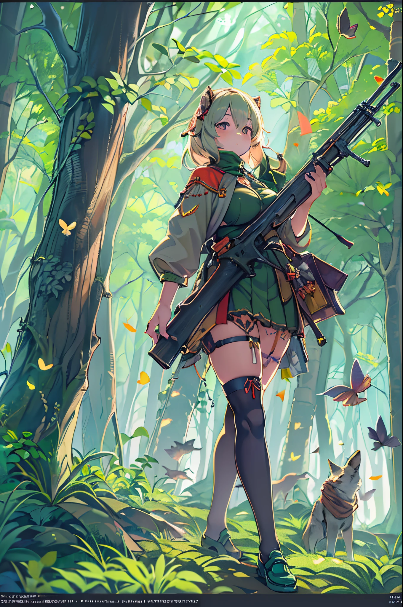 Anime girl with a rifle in the forest with butterflies, anime fantasy illustration, guweiz on artstation pixiv, anime fantasy artwork, guweiz on pixiv artstation, female forest archer, 2. 5 d cgi anime fantasy artwork, Trending on ArtStation pixiv, beautiful fantasy anime, Detailed anime artwork, anime art wallpaper 4k