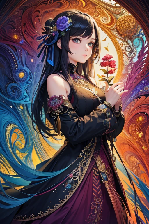 (masterpiece, top quality, best quality, official art, beautiful and aesthetic: 1.3), (1girl: 1.3), extremely detailed, (fractal art: 1.3), colorful