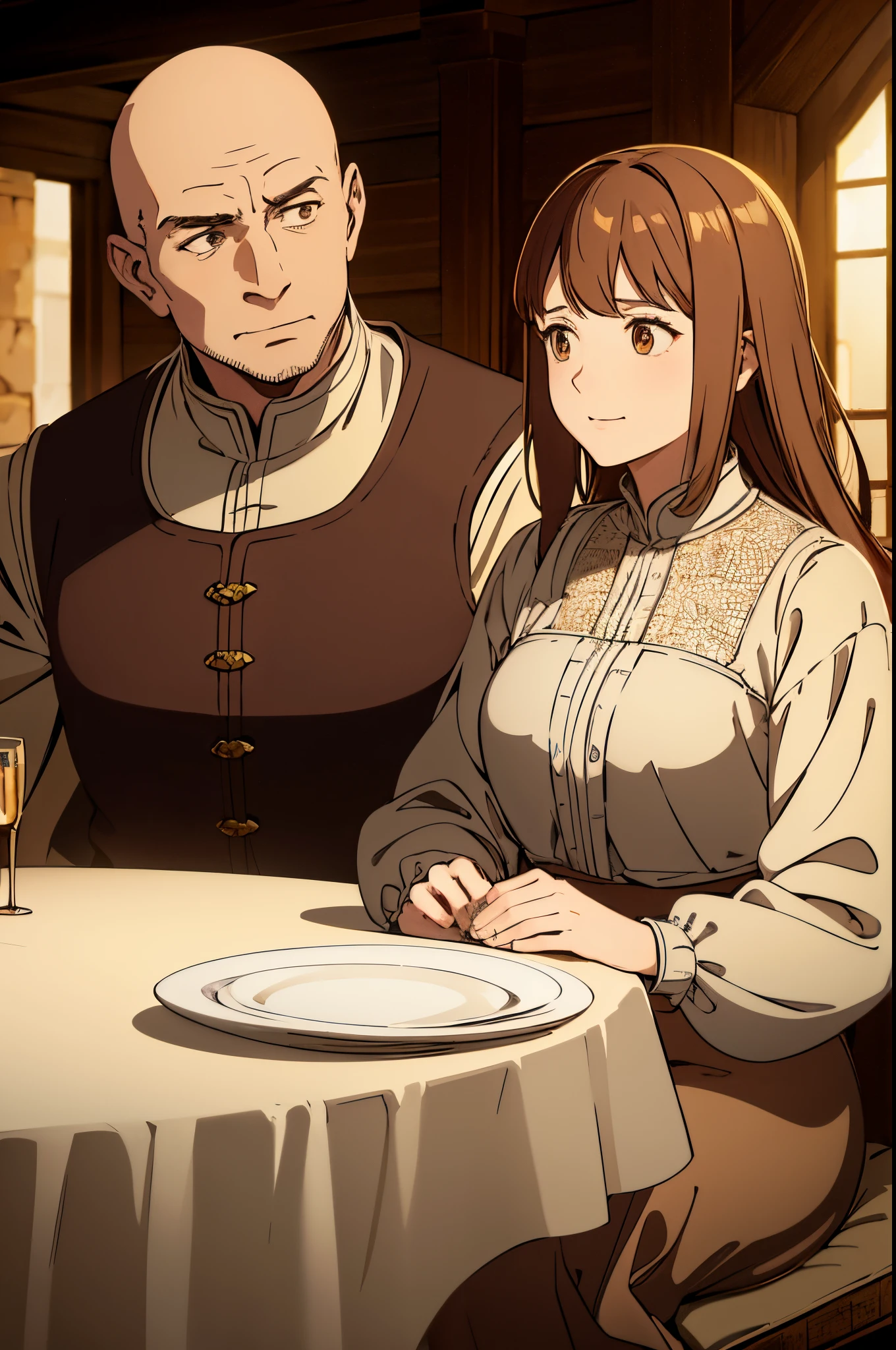 Anime characters, Medieval era, middle-aged commoner couple, sitting at a round table, the man is corpulent and bald, the lady has brown hair in a brown dress serving the table. Both smiling, oil painting works of art, with exquisite details of faces and clothes, soft lighting that illuminates their expressions and the table, realistic representation of textures and materials, vibrant colors that bring the scene to life, intricate patterns on the tablecloth , visible brushstrokes that add depth and texture, capturing the rustic charm and simplicity of the medieval period. (best quality, ultra-detailed, portraits, warm color tones, soft and warm studio lighting, special attention to facial features and expressions, warm and inviting atmosphere.