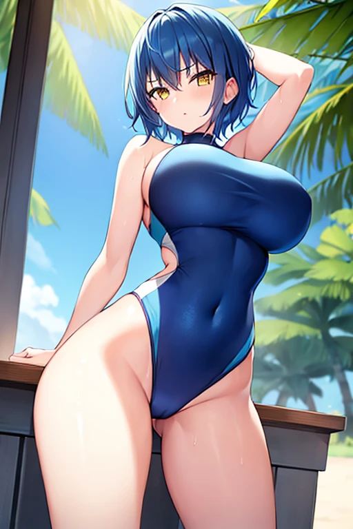 1girl, large breasts, wide hips, blue hair, short hair, very short hair, yellow eyes, one-piece swimsuit, blue swimsuit, competition swimsuit, black one-piece swimsuit, serious