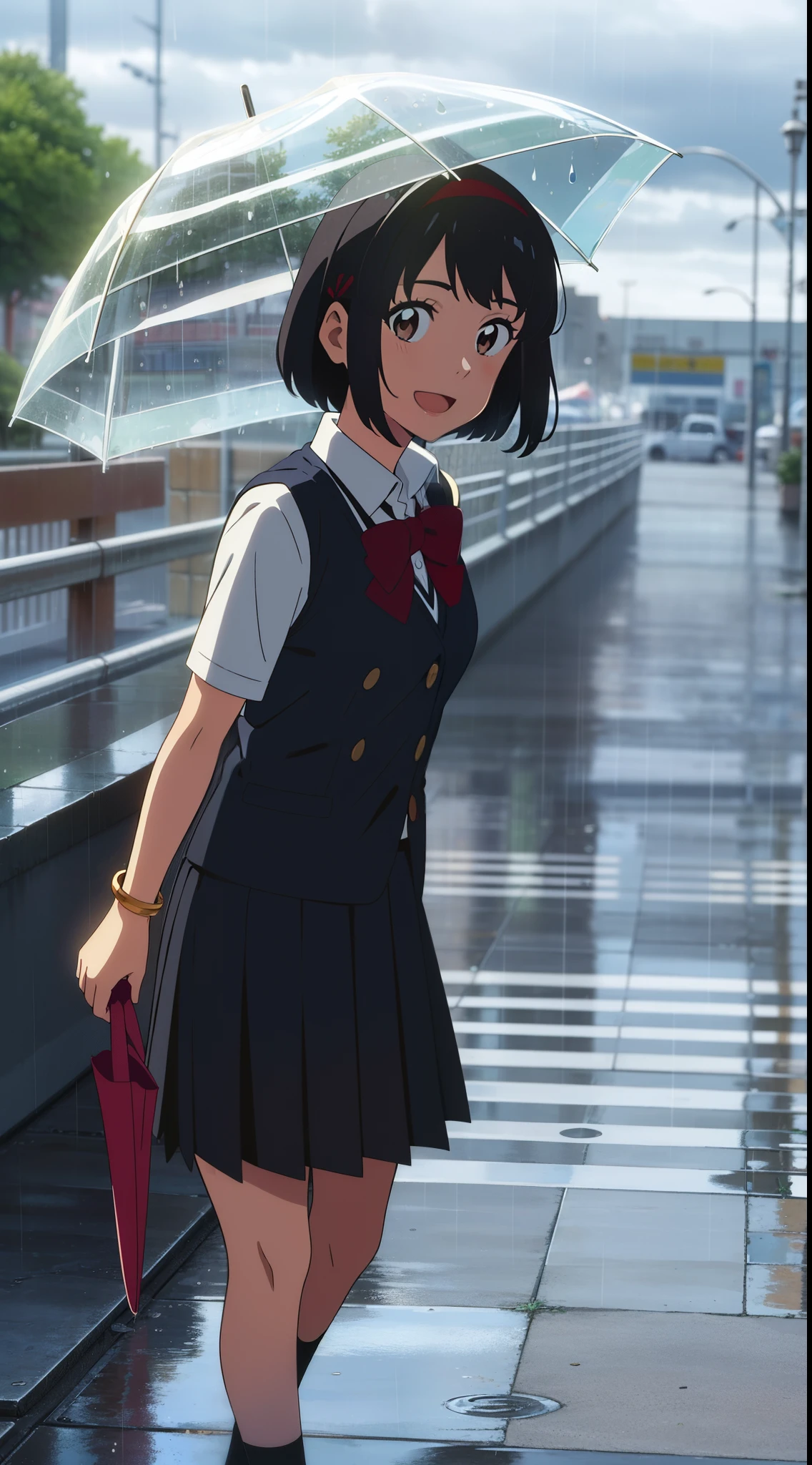 shinkai makoto, kimi no na wa., 1girl, bangs, black hair, bright eyes, brown eyes, headband, looking at the viewer, red bow, red headband, red ribbon, school uniform, shirt, white shirt, skirt, black skirt, short sleeves, short hair, medium breasts, solo, happy face, :D, bracelet, upper body, raining, pouring rain, ( puddles, water ripples:1.0), outdoors, in street, (cloudy), standing, perfect hands, umbrella, bringing an umbrella