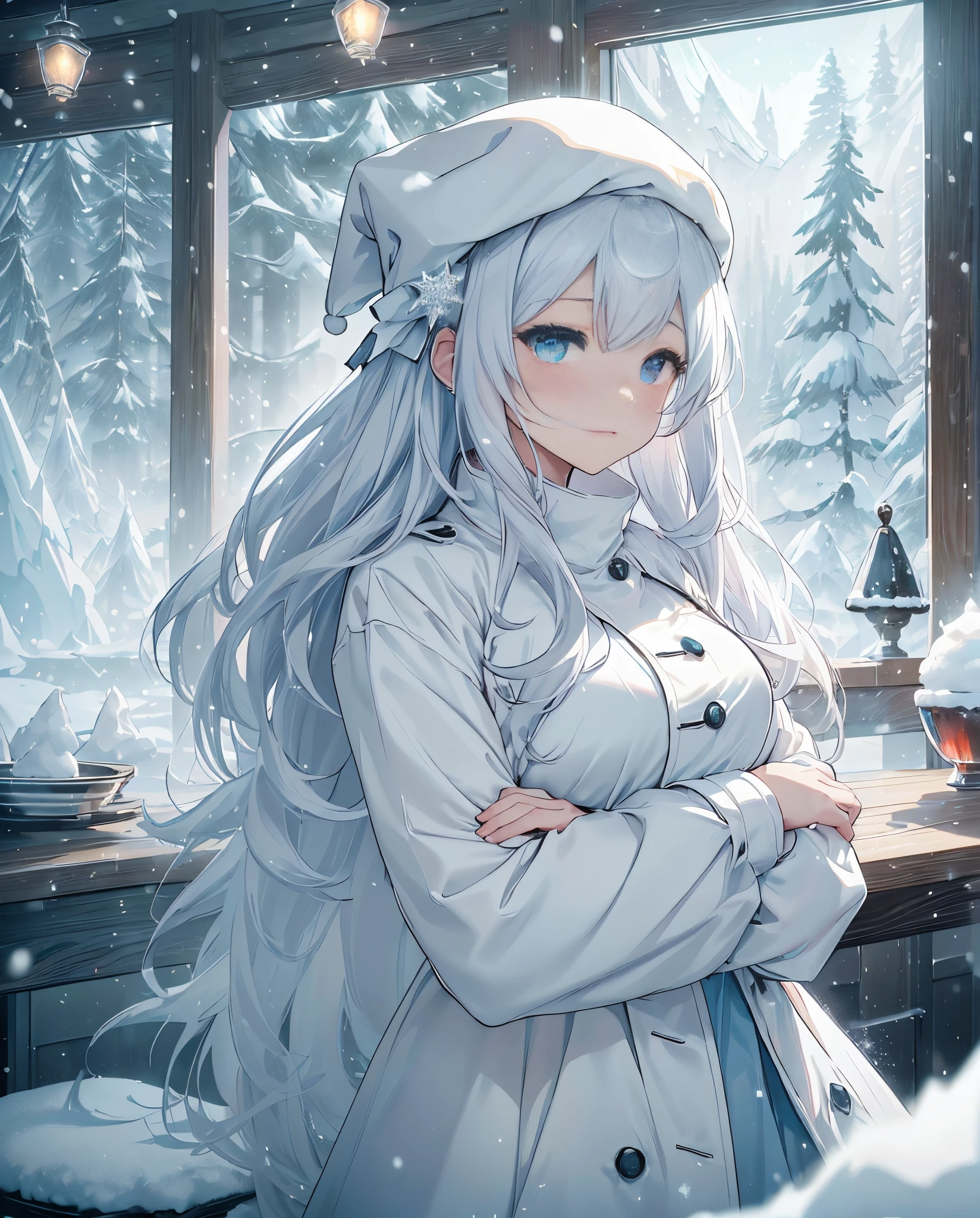 top-quality、Top image quality、masterpiece、teens girl((White long coat、Black pantlack overshirt、Santa's Hat、18year old、 Ager、Best Bust、big bast,Beautiful wide open light blue eyerest, Long silver hair、A slender,Large valleys、dye one's cheeks red、White breath、Reflecting the whole body、jamping、reaching out her hands、dye one's cheeks red、A slight smil、sit a chair、project horizontally)),hiquality、Beautiful Art、Background with(( Calm cafe at night、Counter seats、Hot coffee、snowflakes falling、Heavy snow falls、snowman、 A world where snow piles up)))、masutepiece、depth of fields,